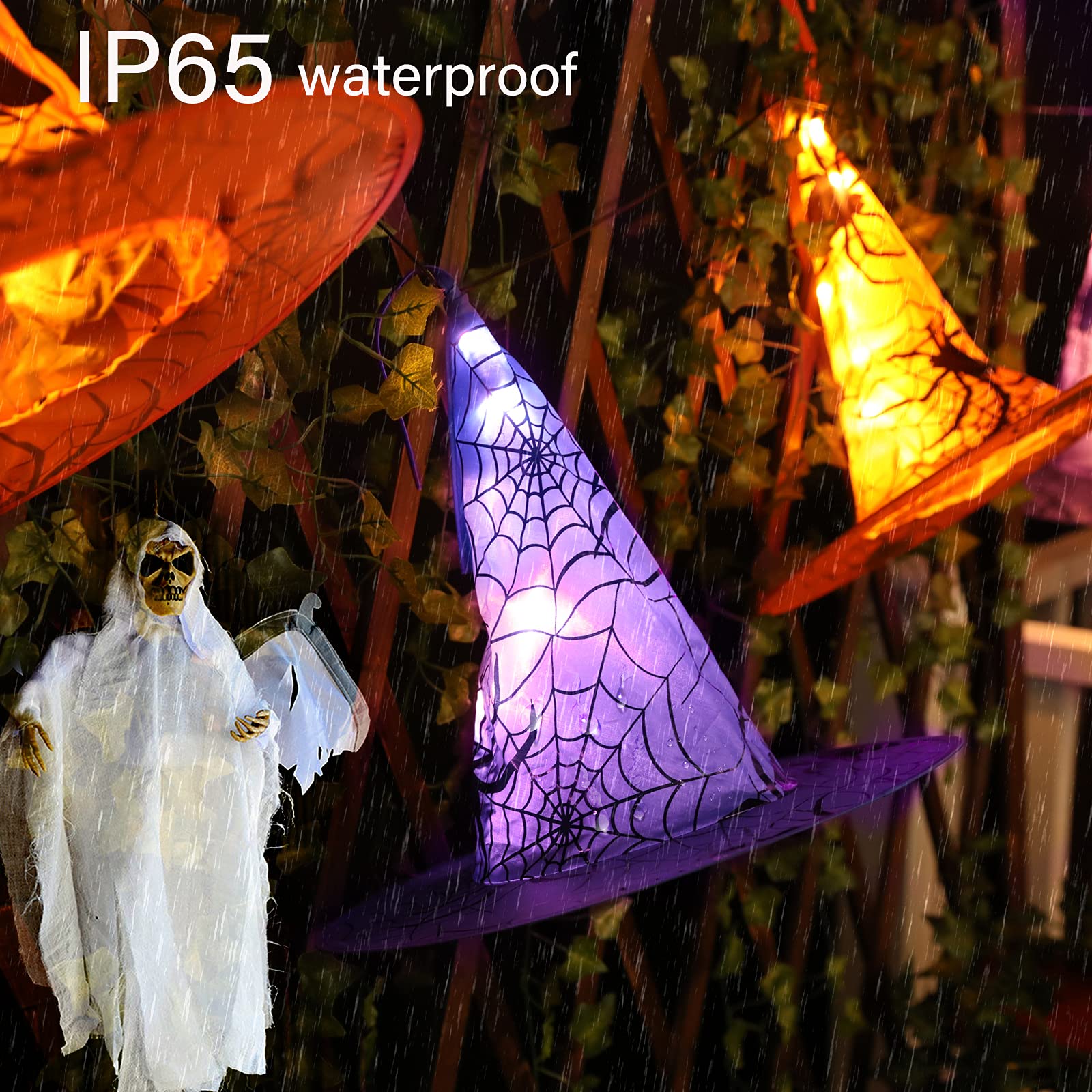 Minetom Halloween Lights Witch Hat - 56 LED Battery Operated, Purple & Orange, Remote & Timer, Indoor/Outdoor Decoration