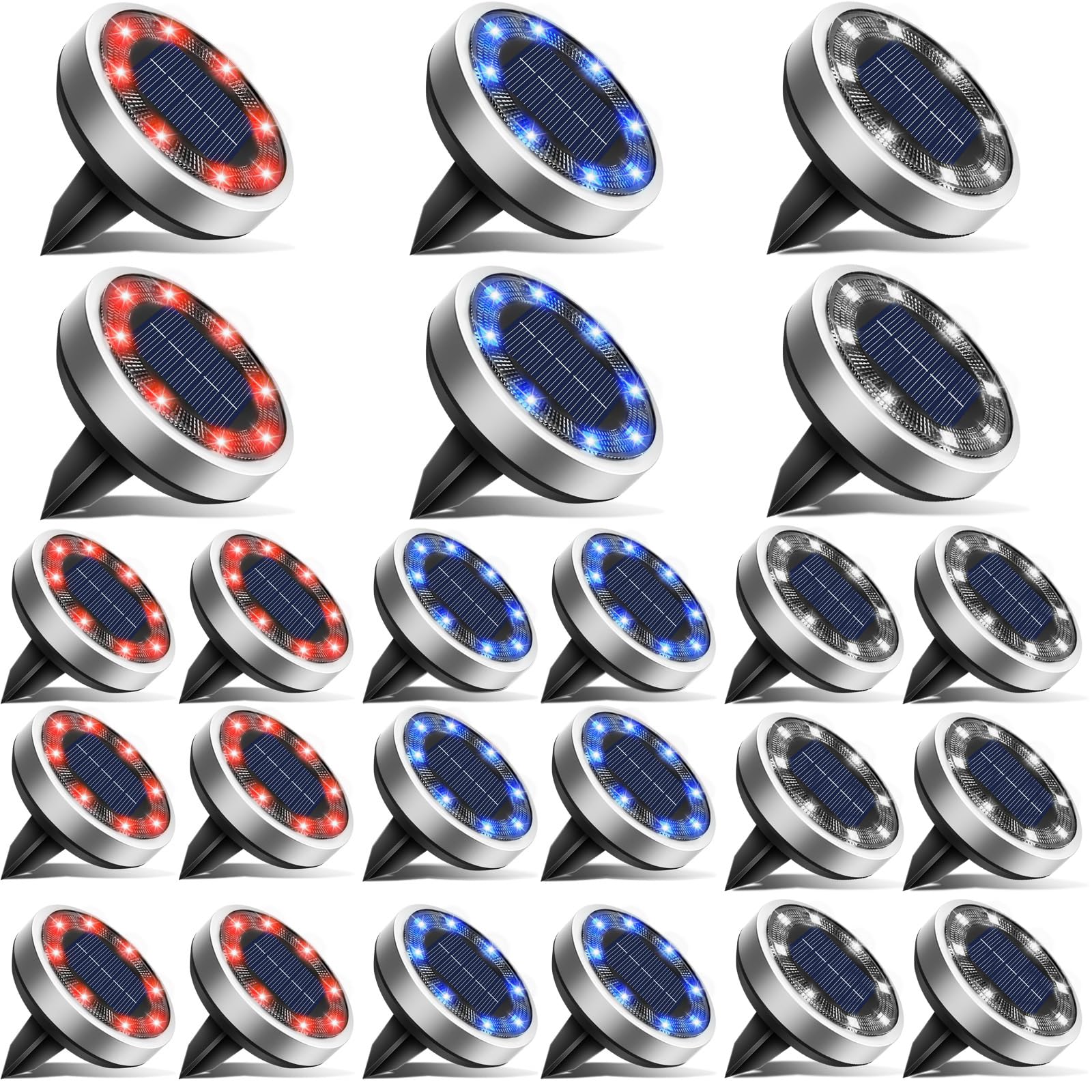 btfarm Solar Ground Lights, 24 Pack, 8 LED, IP65 Waterproof, Plastic, Red+Blue+Cool White, Model DC-CD915