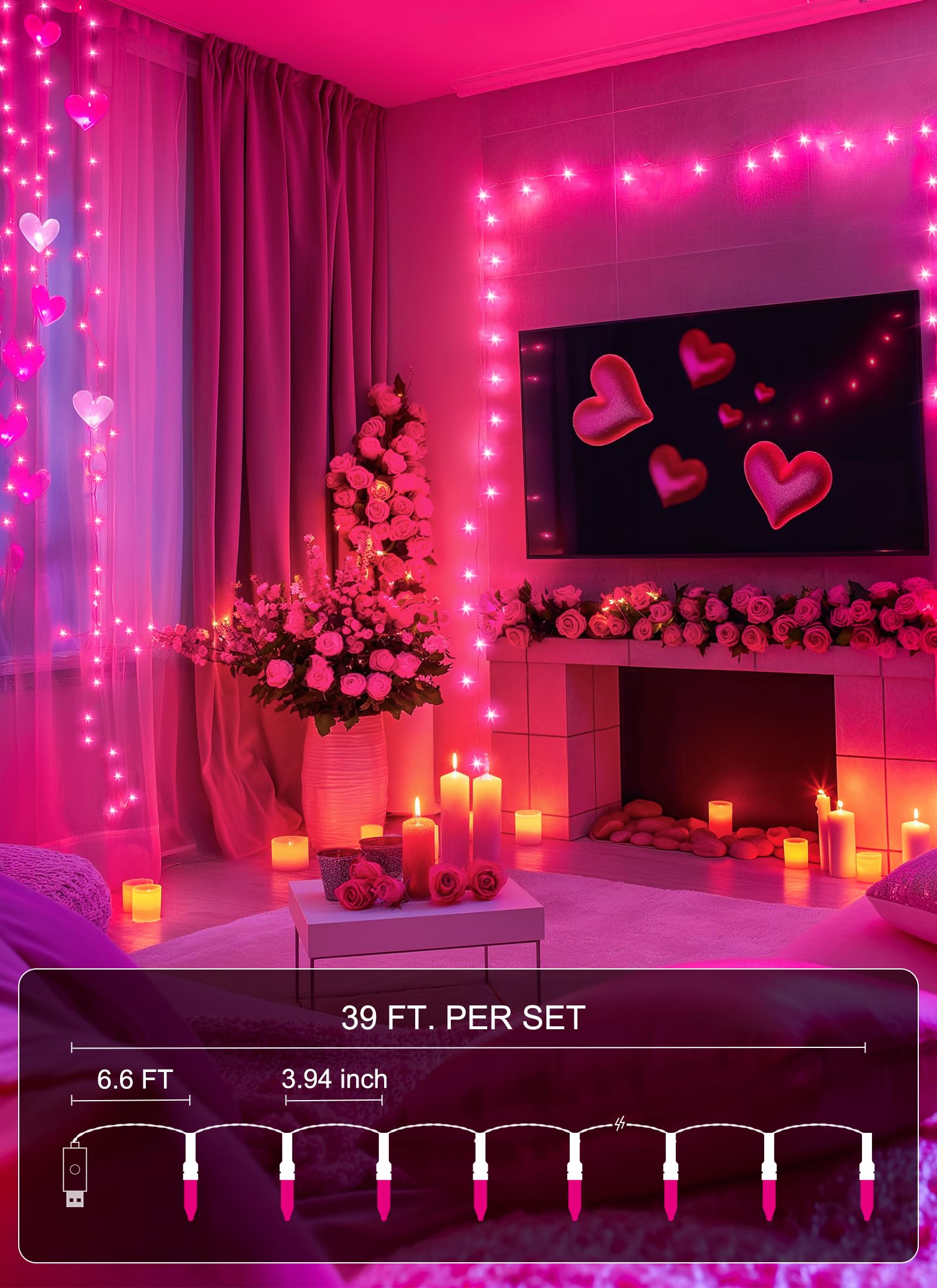 Minetom Valentines Decor Pink Lights, 39 Feet 100 Led Mini Valentines String Lights Usb Operated, Waterproof Tree Lights Indoor For Home Bedroom Holiday Decorations