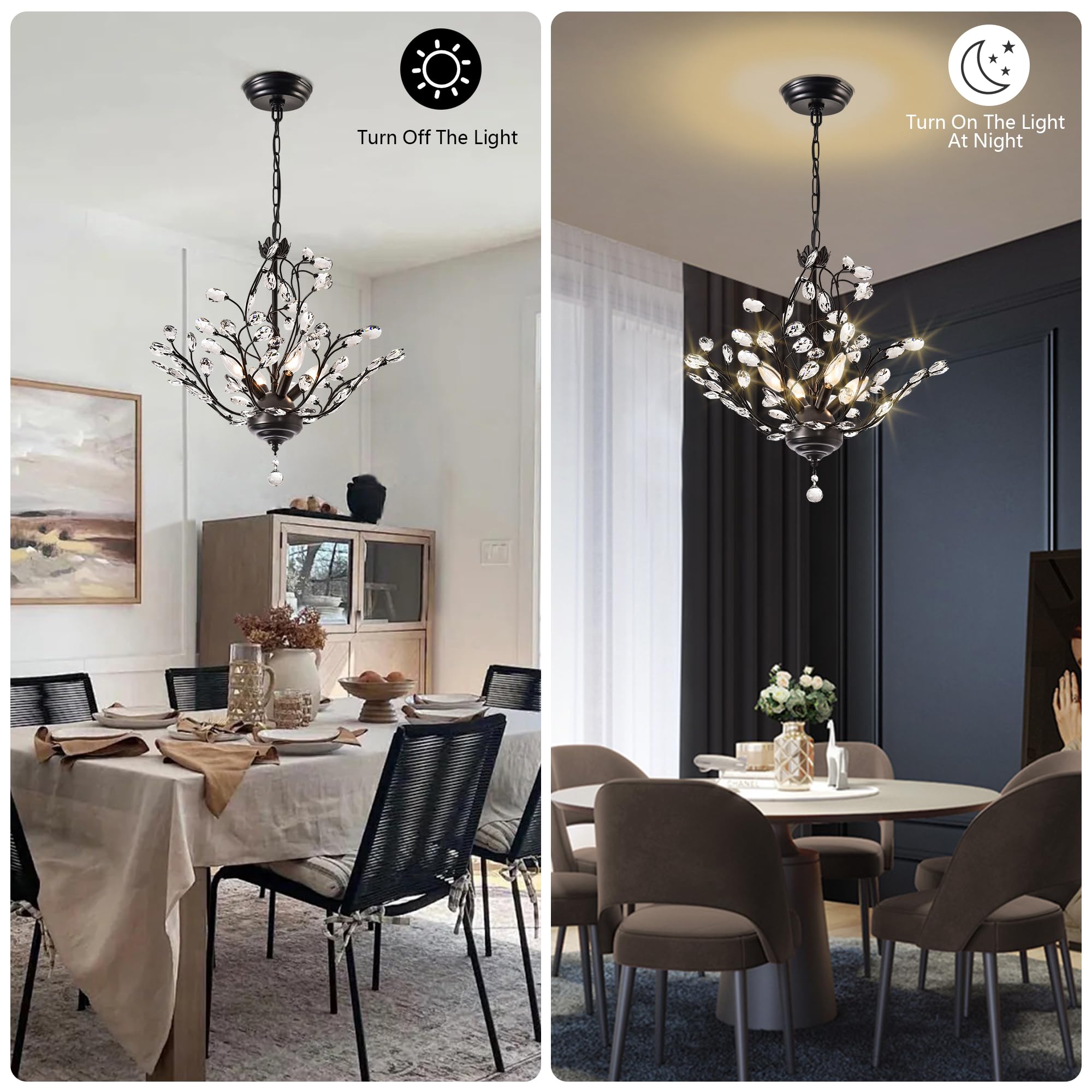 Maxax 4-Light Vintage Crystal Branch Chandelier, Black Metal Pendant Light for Dining Room, Living Room, Bedroom, Model 19046