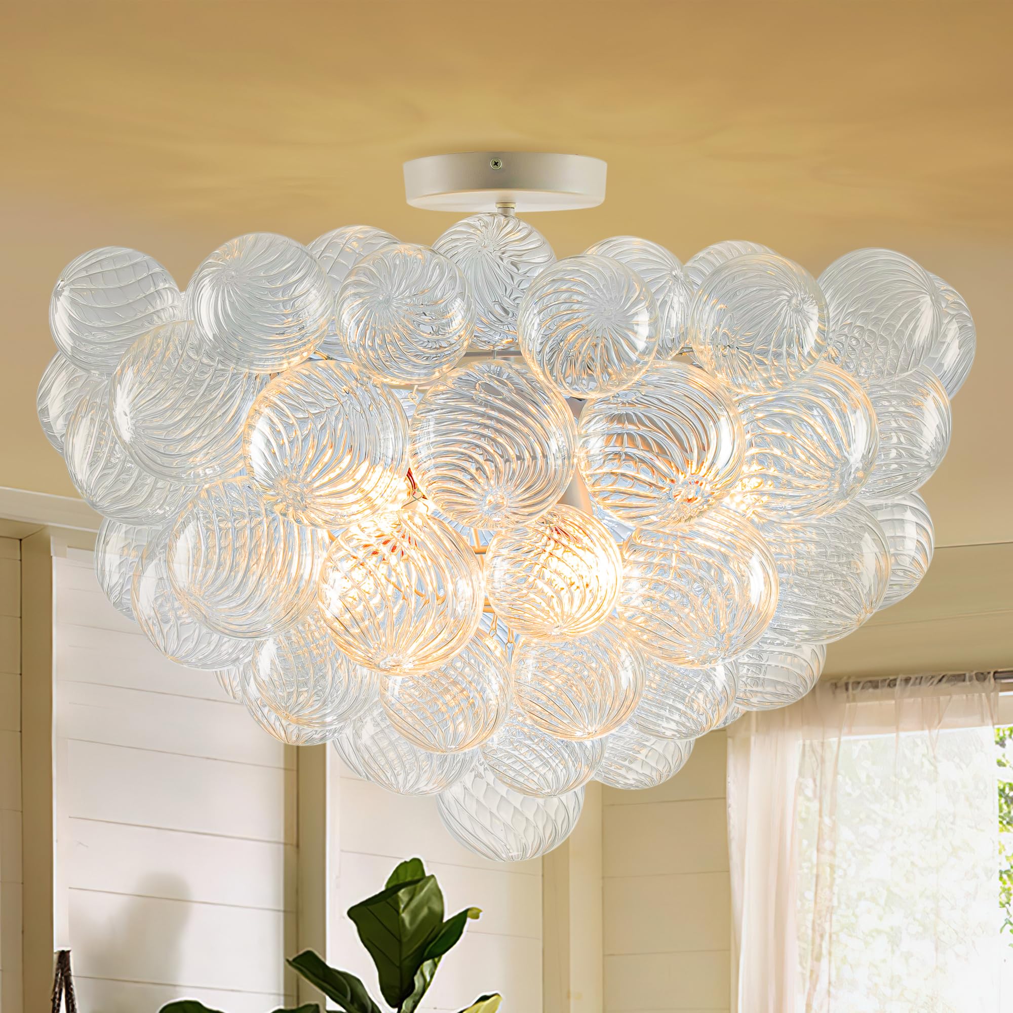 BeyPan Bubble Glass Ball Chandelier White Finish 24'' Dia Semi-Flush Mount Ceiling Lights Clear Ribbed Blown Glass Globe Chandel