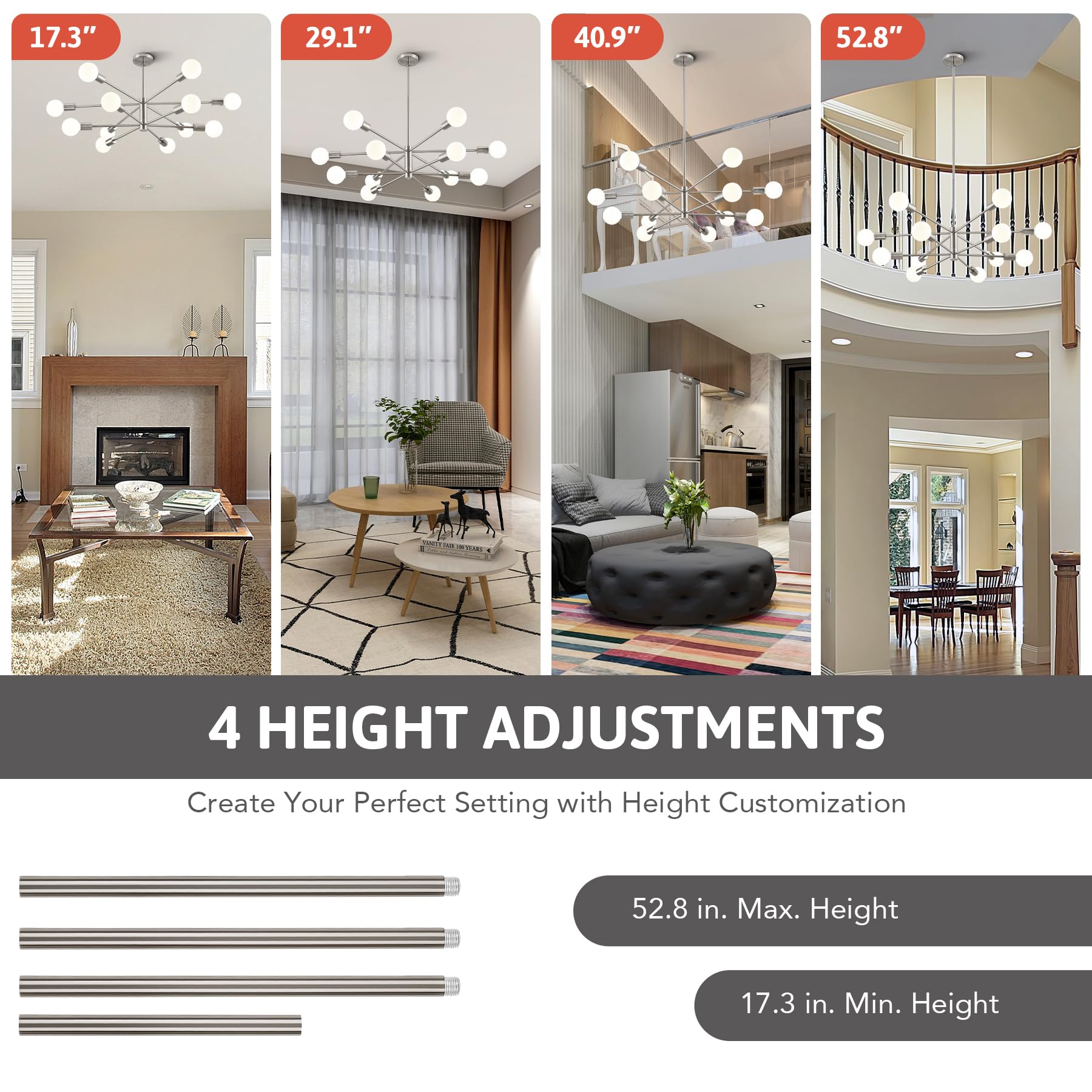 Vonluce 12-Light Sputnik Chandelier, Morden Chandelier For Dining Room, Adjustable Chandelier Over Table For Living Room Kitchen