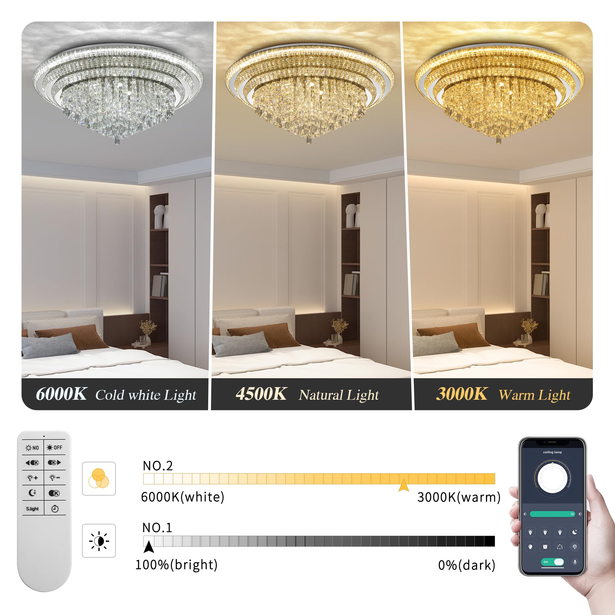 40 inch Crystal Silver Ceiling-Light Flush Mount with Remote Control and APP, 3CCT Dimmable & Brightness Adjustable, Modern Crys