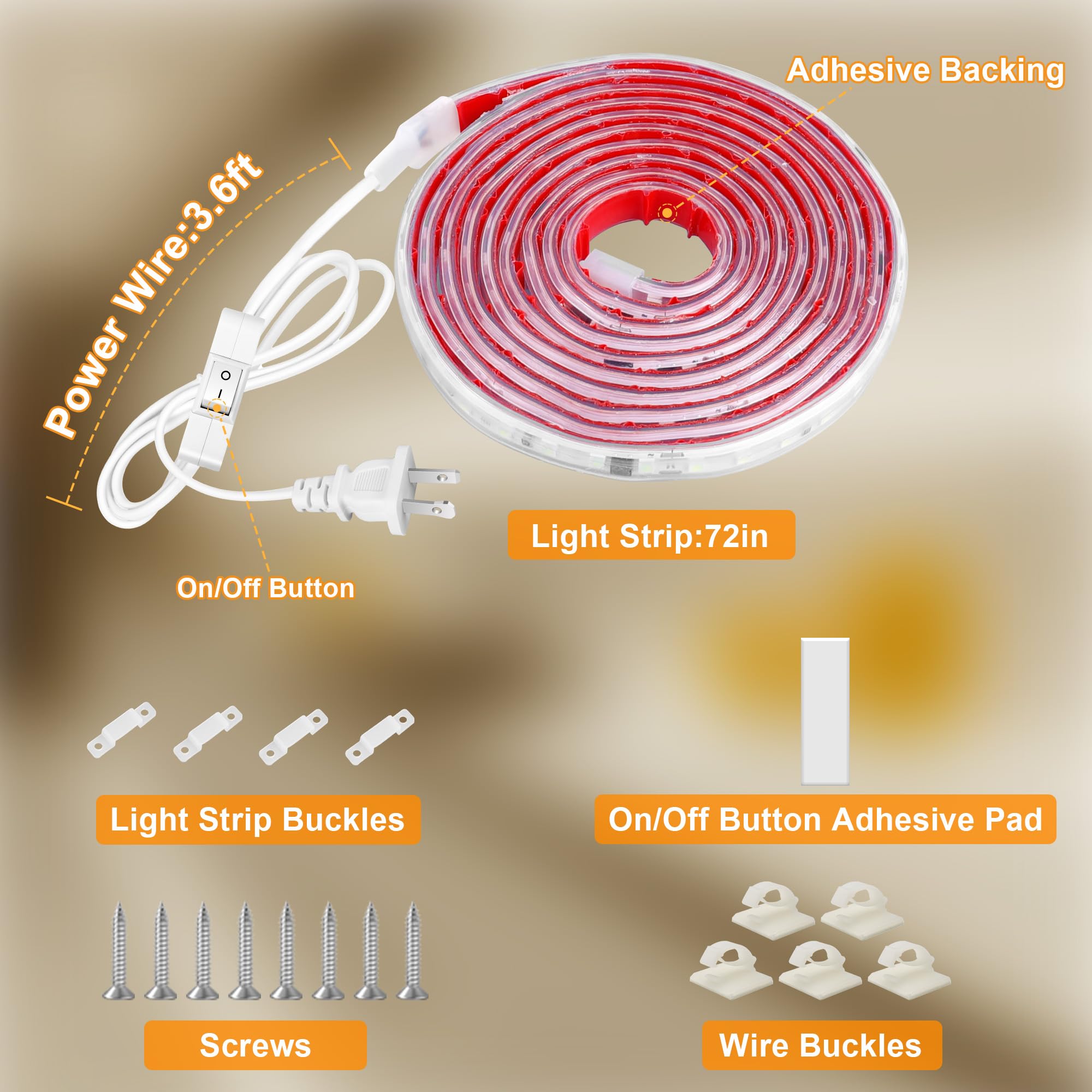 maylit LED Strip Lighting Plug in, 72in, Warm White, Ultra Bright, Model 2700K, Ideal for Kitchen Cabinet, Desk, Closet, Indoor Use