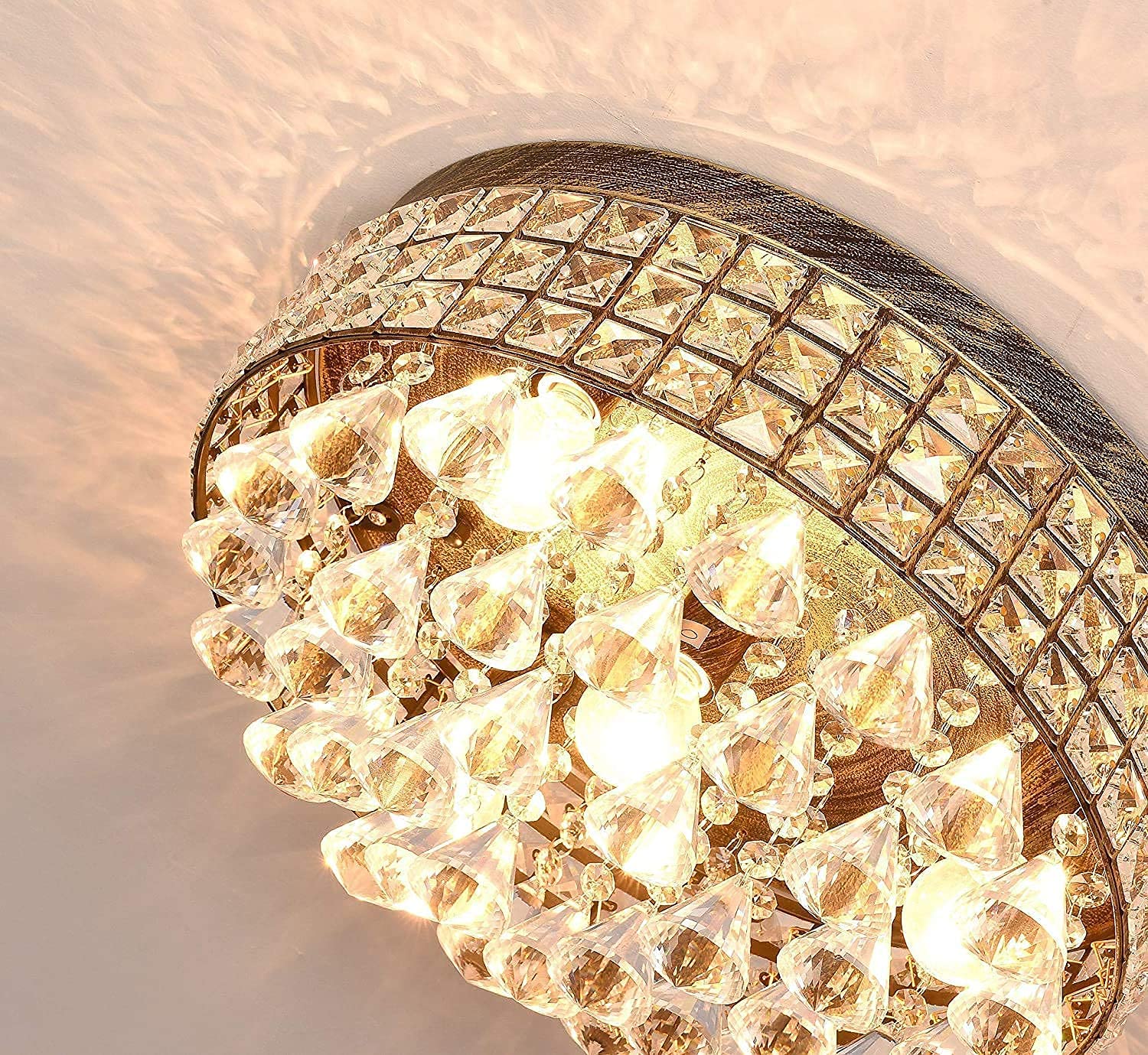 Maxax 4 Lights Crystal Chandelier, Modern Drum Ceiling Light Fixture, Mini Crystal Flush Mount Round Metal Shade Raindrop Chande
