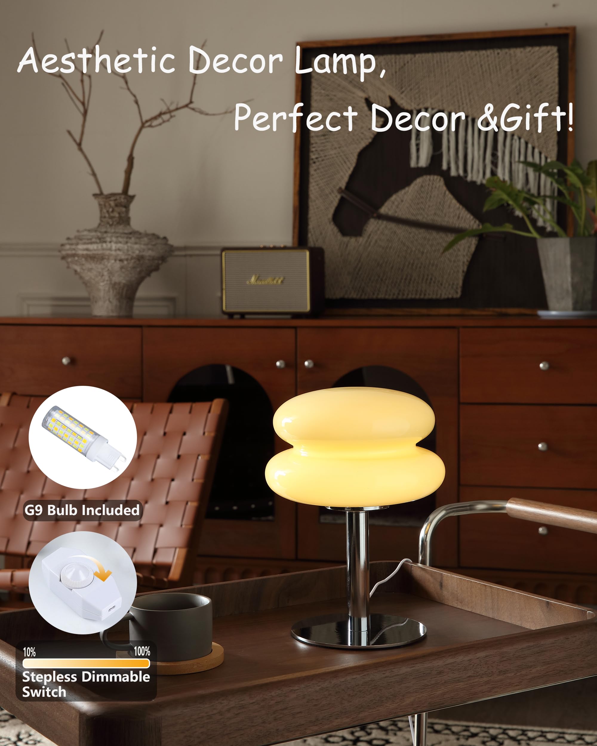 Glivpny Mushroom Lamp, Mid Century Modern Dimmable Table Lamp, Small Cream Glass, Model HB003