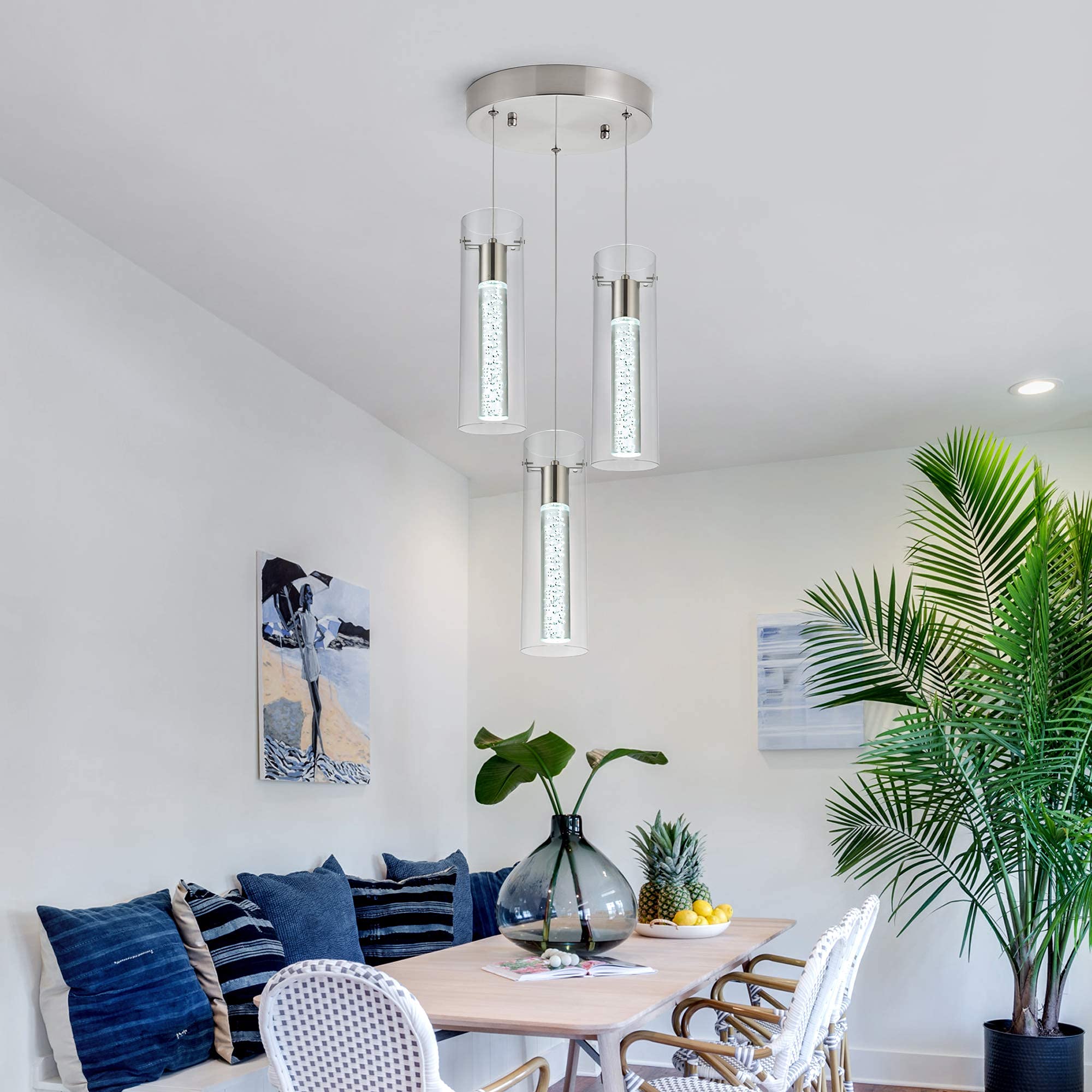 votag 3-Light LED Pendant Ceiling Fixture, Brushed Nickel, Adjustable Length, Model PI-0172, for Kitchen Island & Dining Room