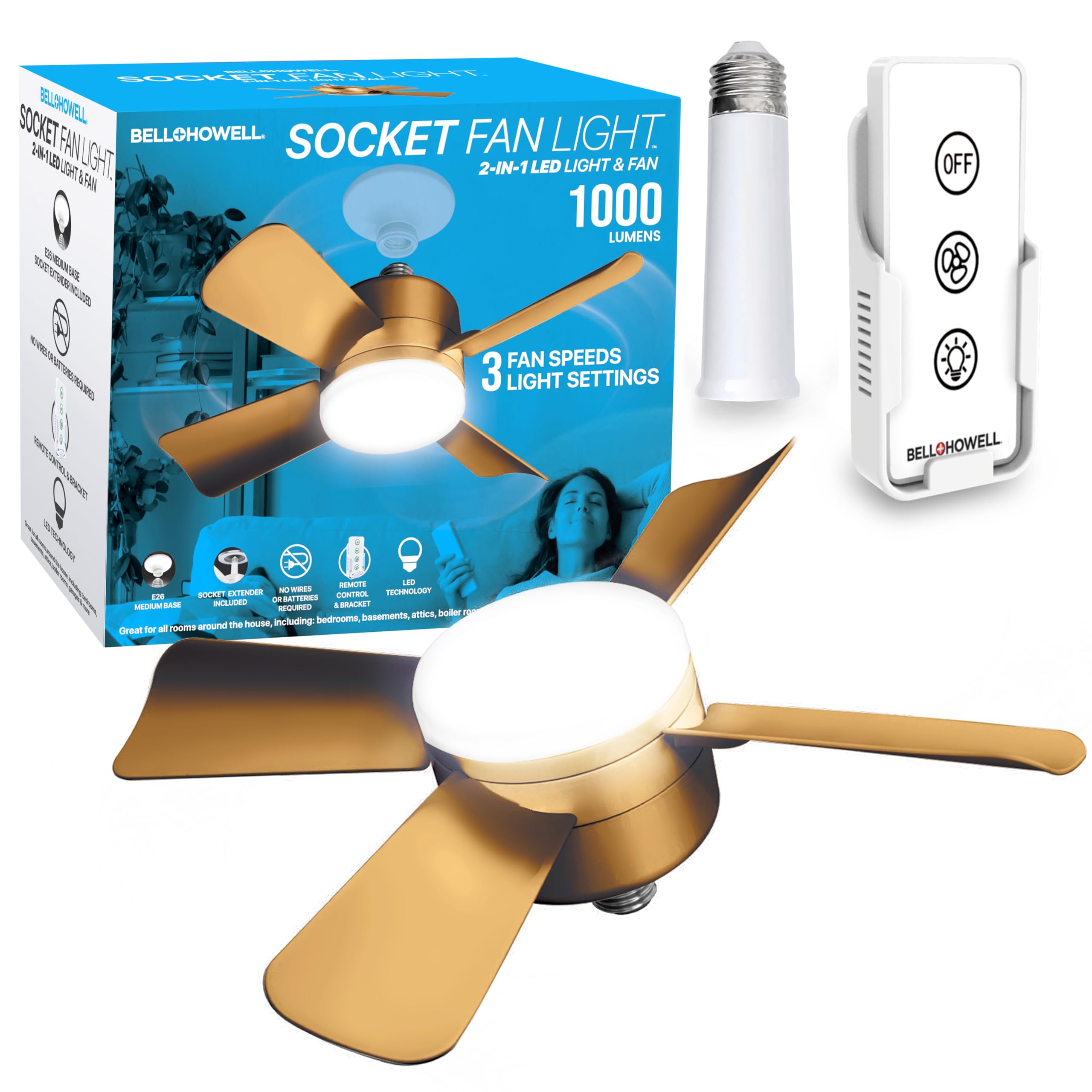 Bell+Howell Socket Fan Cool Light Deluxe, 1000 Lumens, Remote Control, Large, Bronze, Model 2175, For Bedroom, Kitchen, Living Room