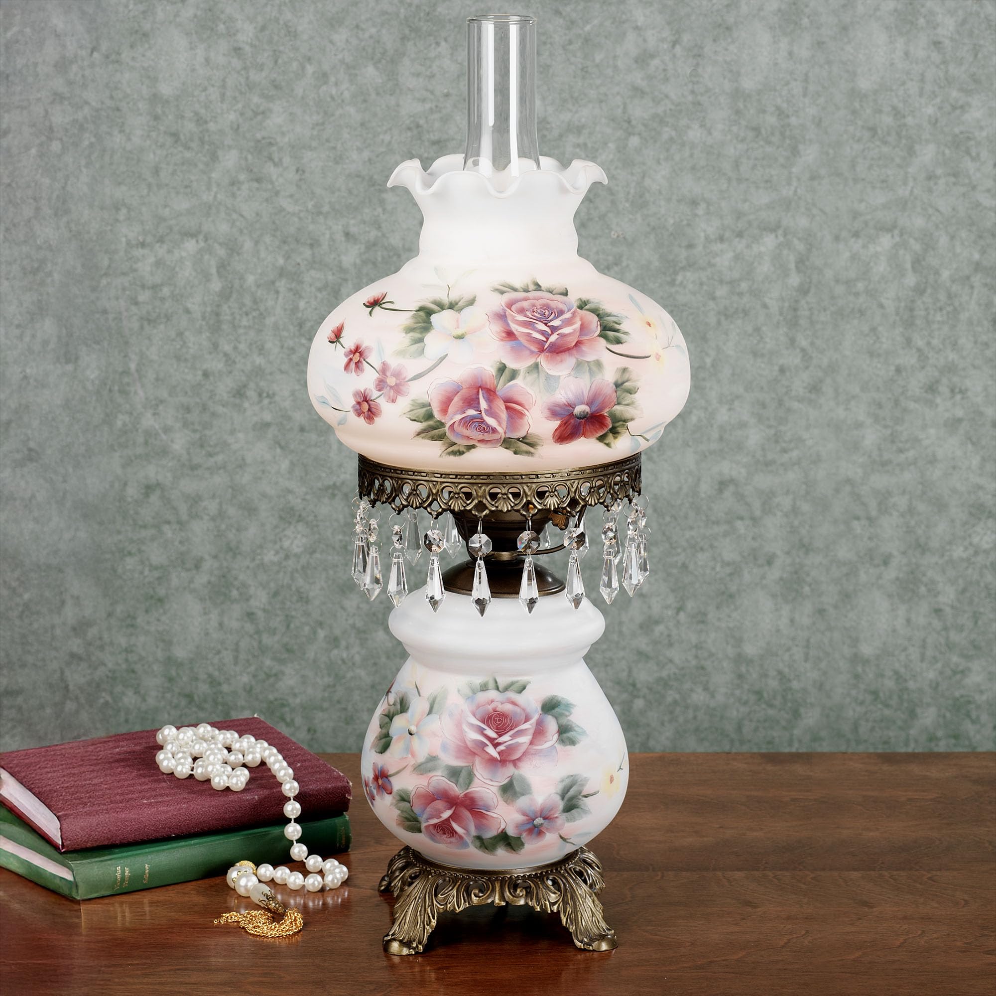 Touch Of Class Beatrice Hurricane Rose Table Lamp Pink - Victorian Style - Crystal Beads, Glass - Floral Aesthetic, Roses - Elec