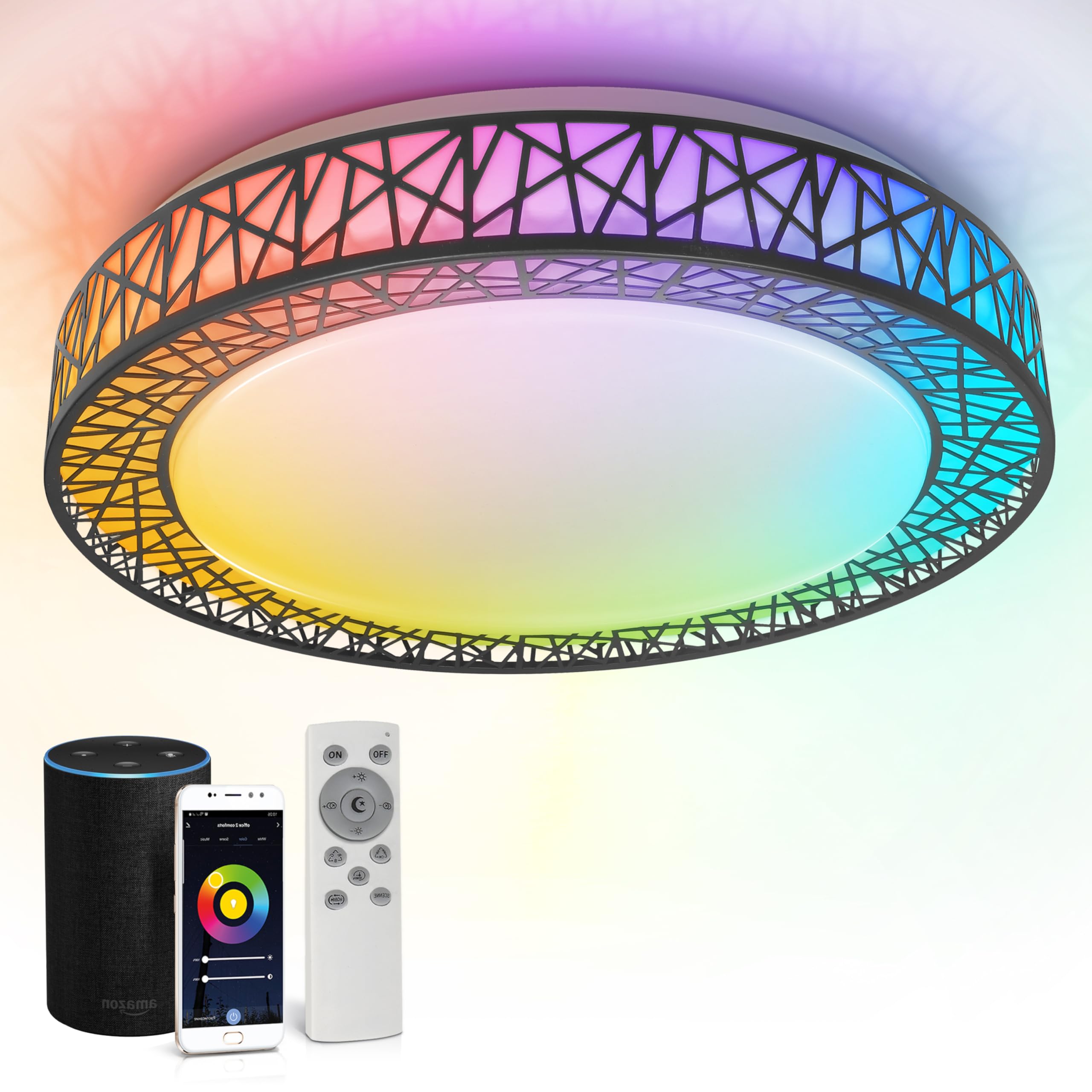 ASD Smart RGBW Flush Mount Ceiling Light 20 Inch, 42W, Dimmable, WiFi Control, Matte Black, Model A-LFM20D42SRGBW-B