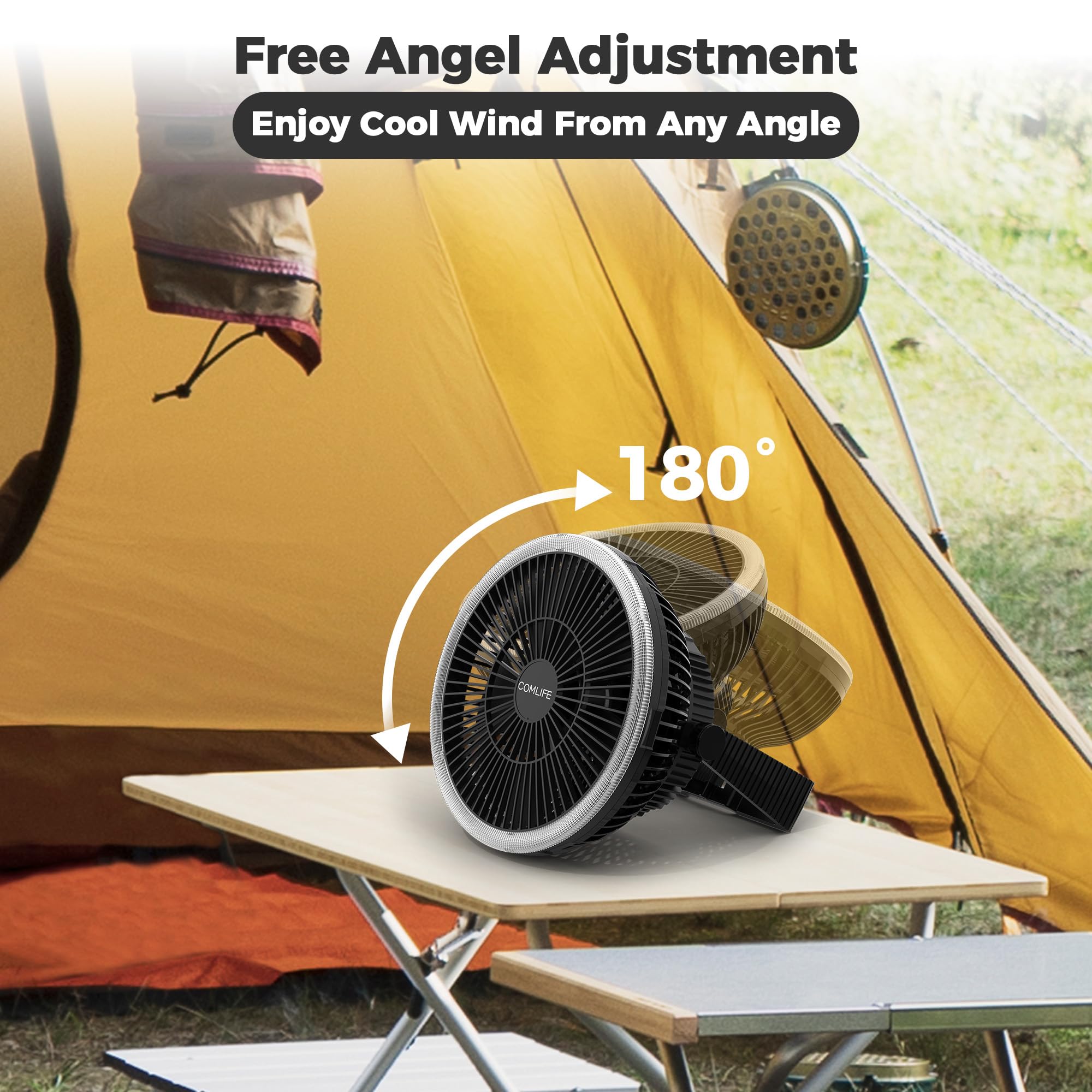 COMLIFE 10000mAh Camping Fan and LED Light - 8" Rechargeable, Portable USB for Tent/Tabletop Use, Black, Model F001