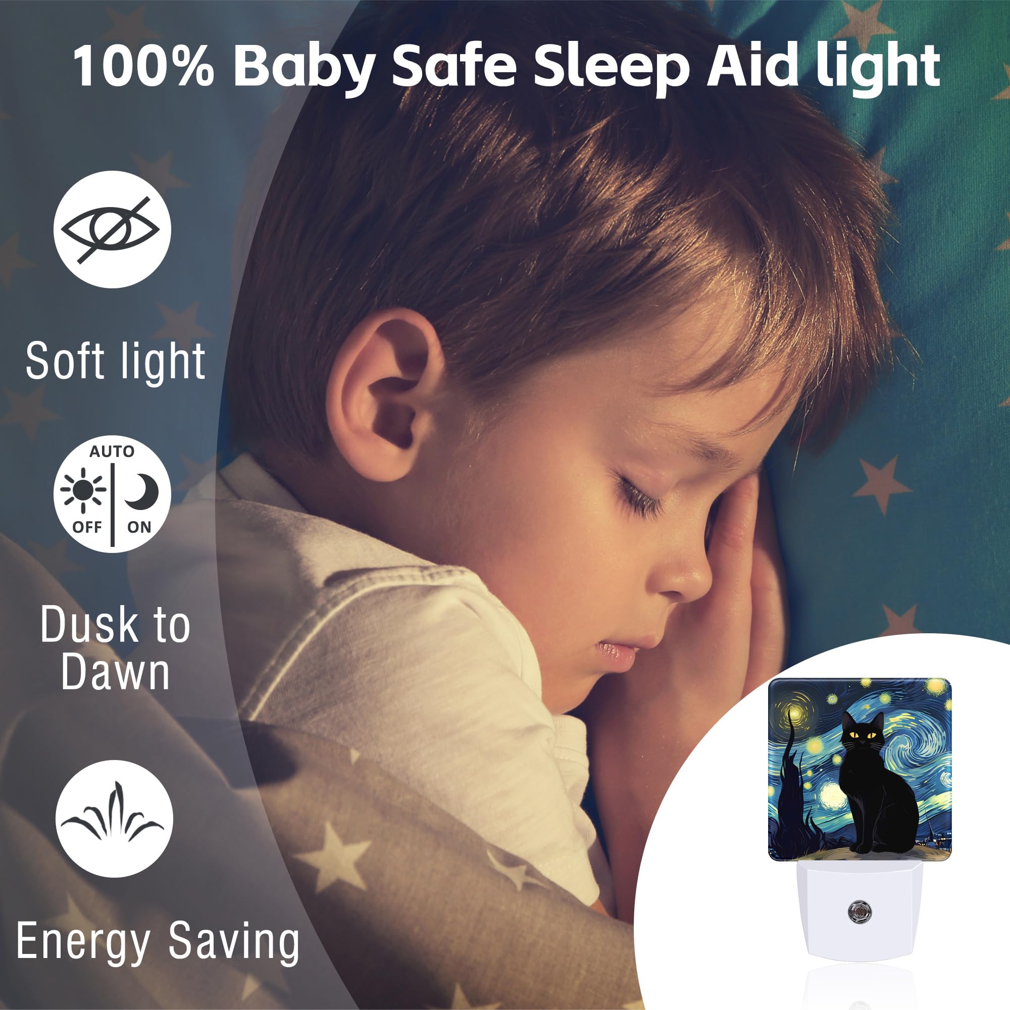 Sndheke Starry Night Black Cat Night Light Plug Into Wall, Von Gogh Oil Painting Dusk To Dawn Night Light Plug In,0.5W Energy Sa