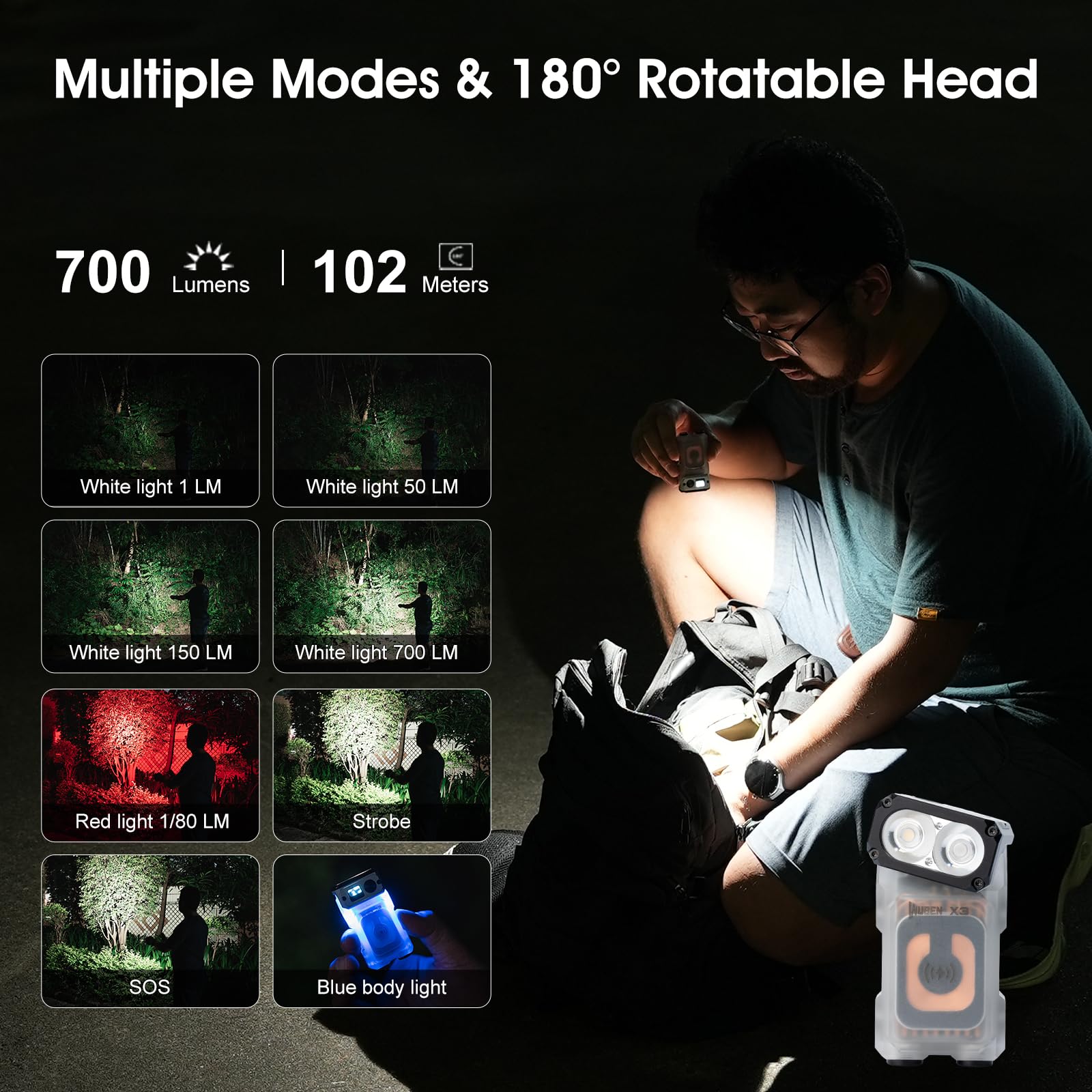 WUBEN X3 Mini Flashlight - 180° Rechargeable, IP65 Waterproof, 10 Modes, White X3 & Black Base, Compact Keychain Light for Camping & Outdoor Use