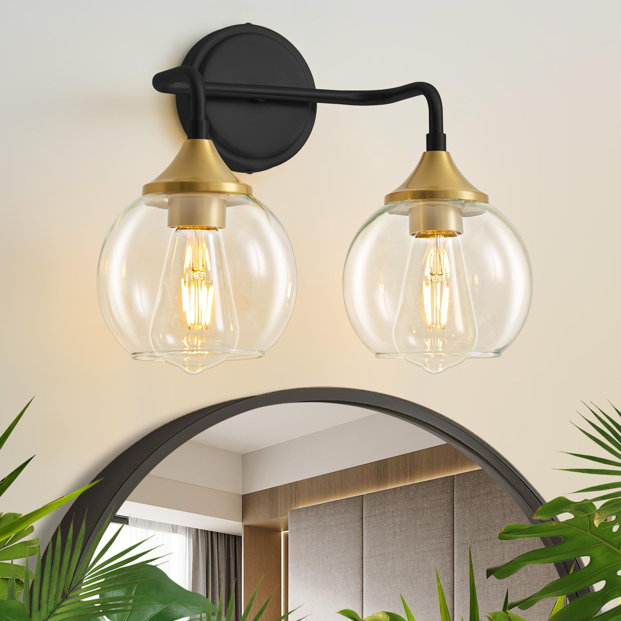 Gednbo 2-Light Bathroom Vanity Light, Black and Gold, Metal, Clear Glass Shade, Model G1796, E26 Base, 14 Inch