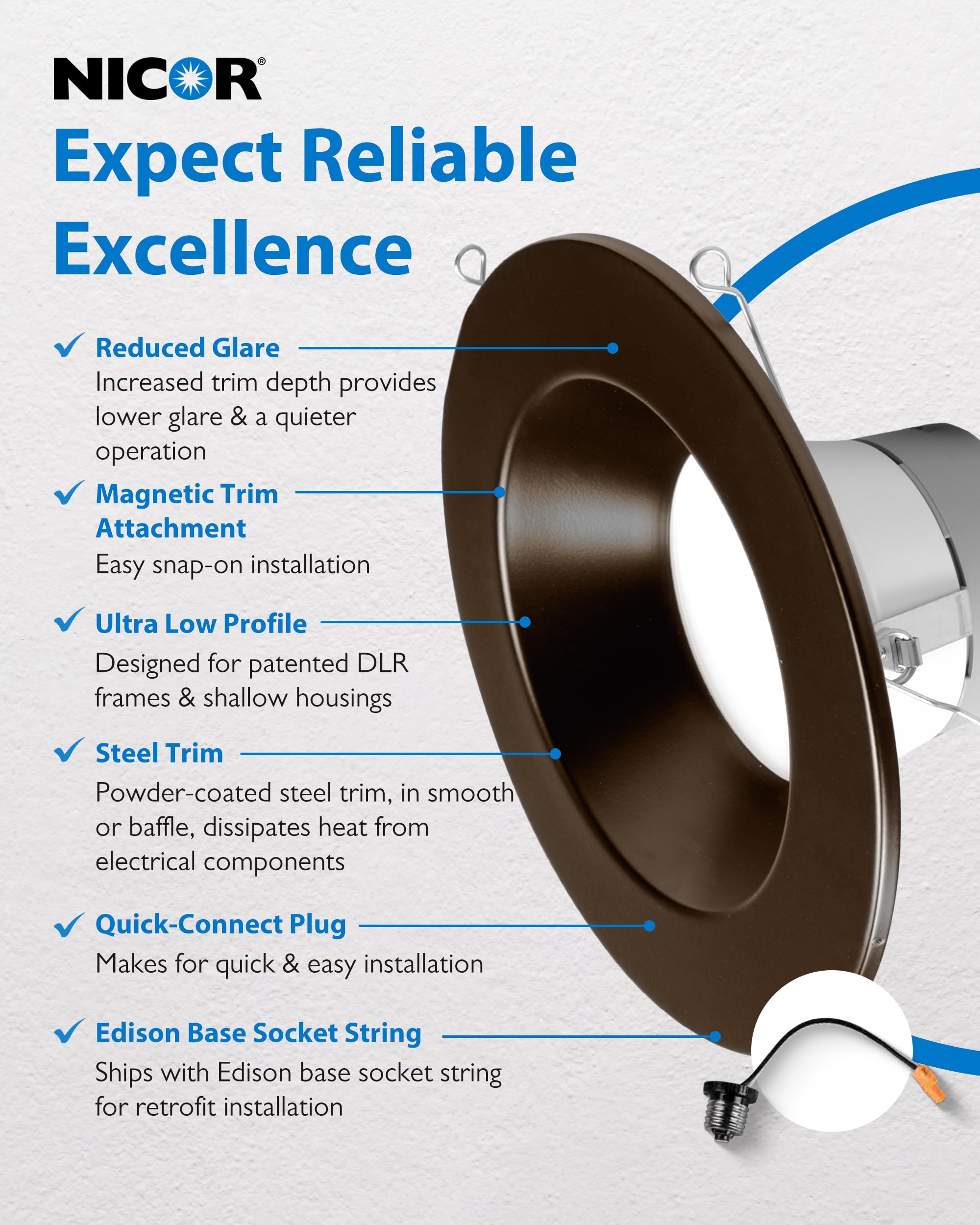 Nicor LED Recessed Ceiling Light, 5/6 inch, 918 Lumens, Selectable CCT 2700K-5000K, Oil-Rubbed Bronze, Model D