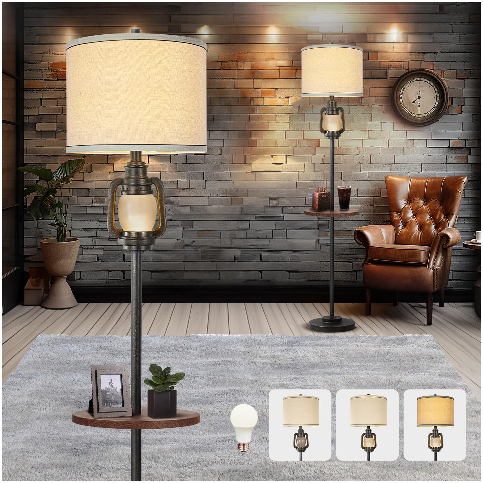 Farmhouse Lantern Floor Lamp With Tray For Living Room With Nightlight Vintage Tall Lamp With Linen Fabric Shade Industrial Stan