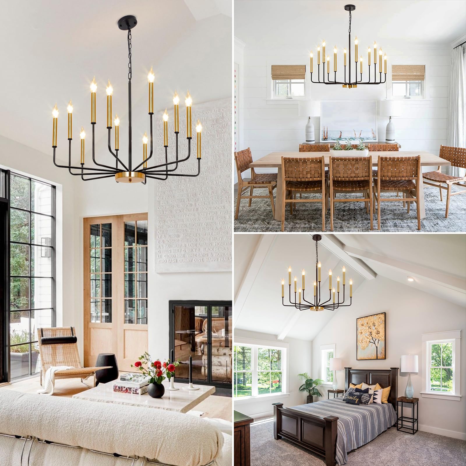 Rviezza Black And Gold Chandelier For Dining Room, 12-Light Farmhouse Dining Room Light Fixture, Candle Chandelier Light Fixtures, Modern Chandeliers For Living Room Kitchen Foyer Staircase