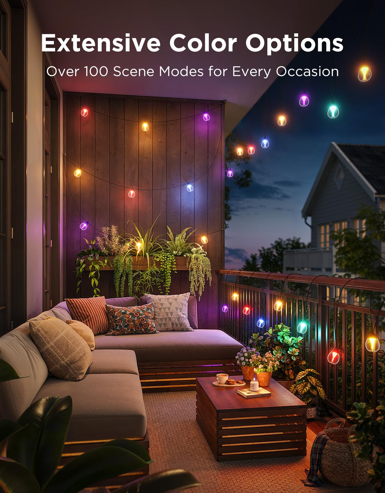 Govee Outdoor String Lights, 48ft RGBWIC, 15 Dimmable Warm White Bulbs, IP67 Waterproof, Works with Alexa & Google, Model H7025