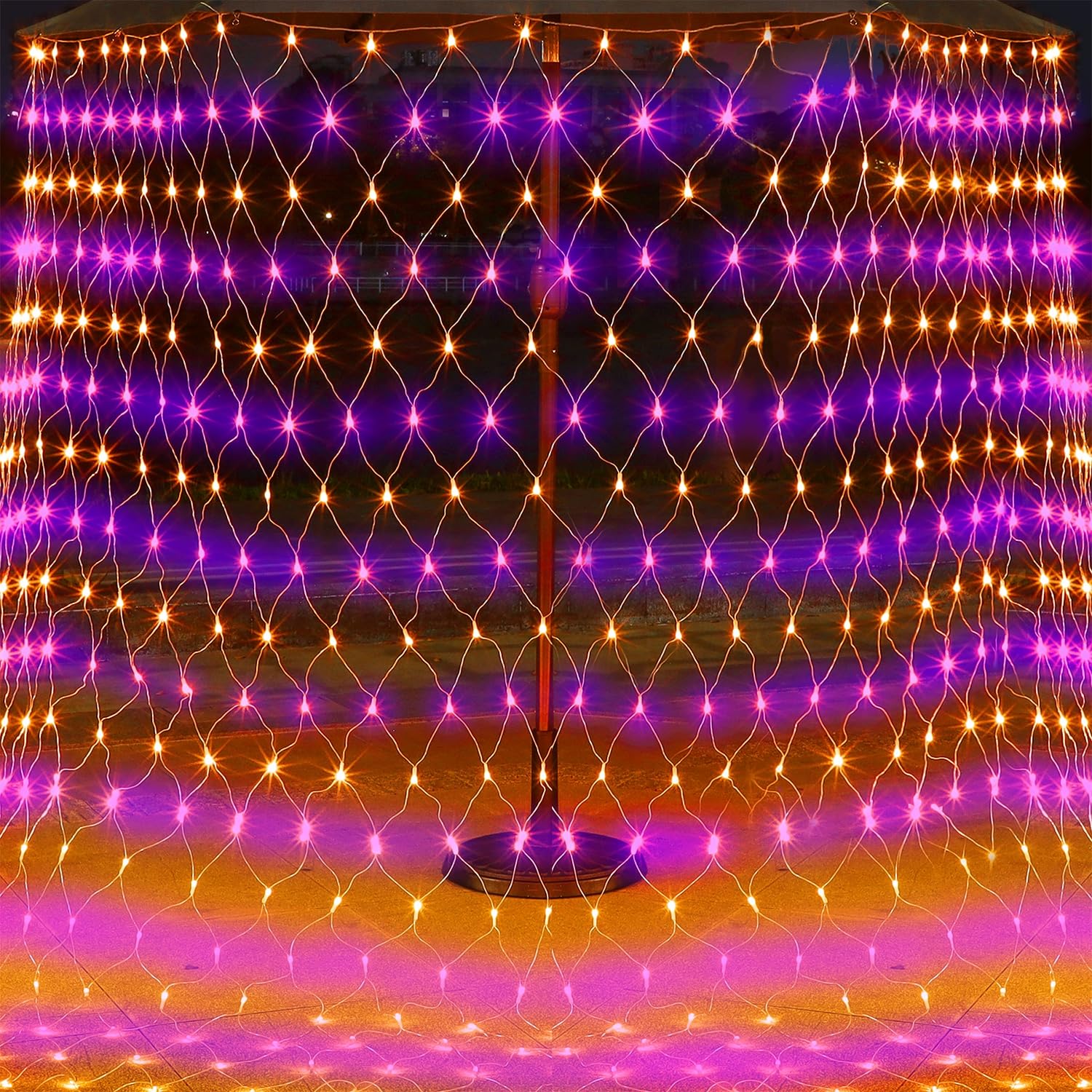 WATERGLIDE 12FT x 5FT Outdoor Halloween Net Lights, 360 LED Fairy String Light, 8 Modes, Orange & Purple