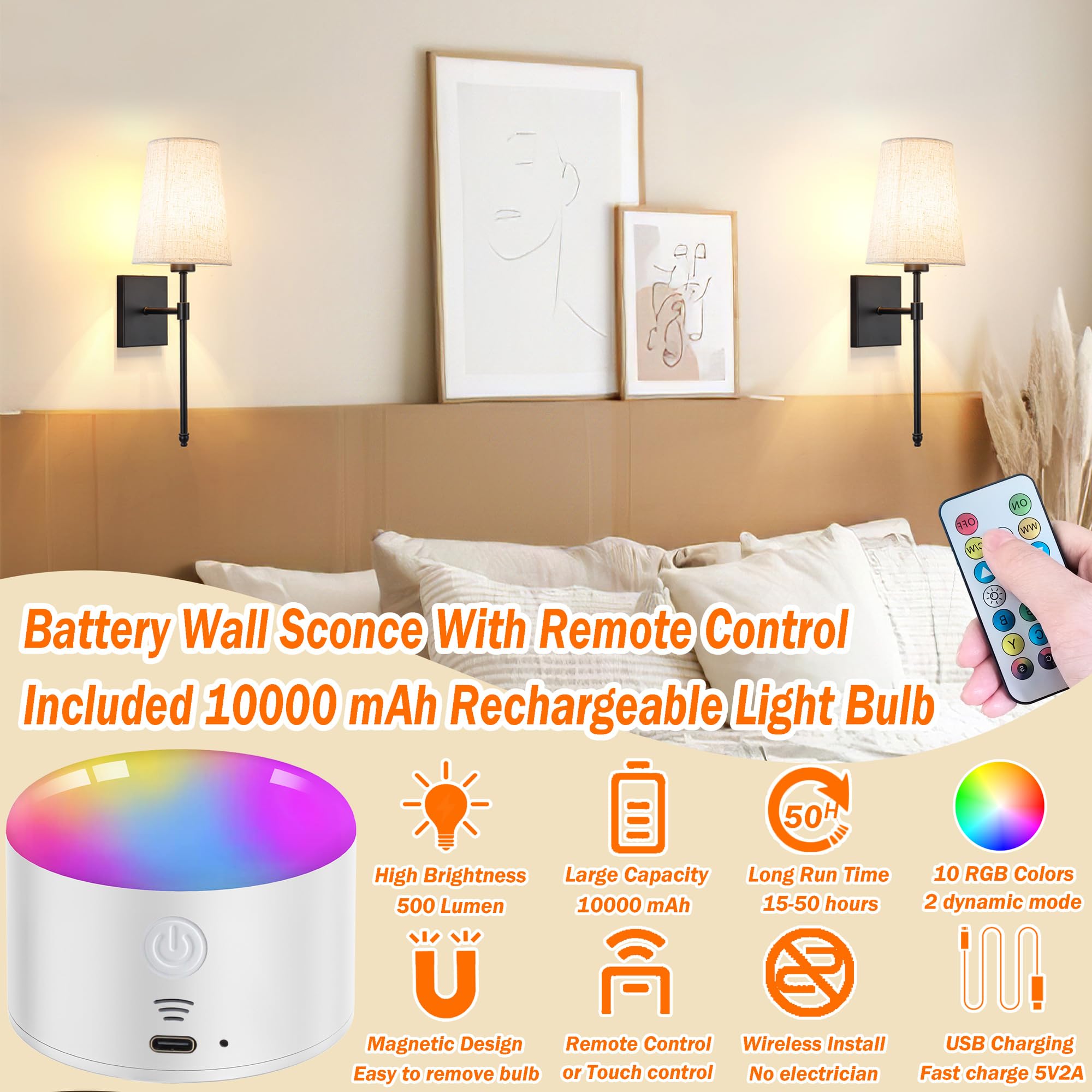 Battery Operated Wall Sconce Light Set Of Two, Battery Operated Sconces Wall Lighting Indoor Wireless Wall Sconce With Remote Control, Dimmable Battery Wall Lamp With 3Cct Bulb For Bedroom Living Room