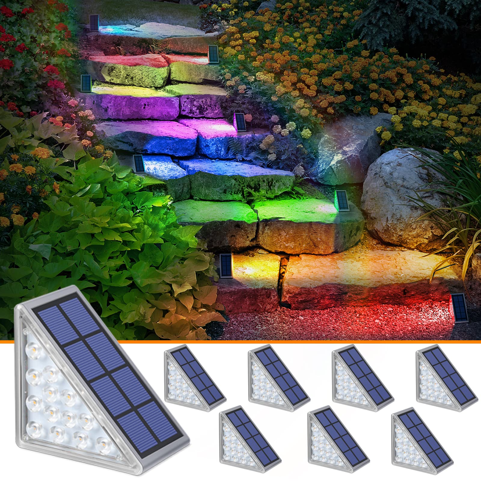 Niorsun Solar Step Lights, 8 Pack Rgb Color Changing, Waterproof Ip67, Auto On/Off, For Steps, Patio, Yard, Deck Decor