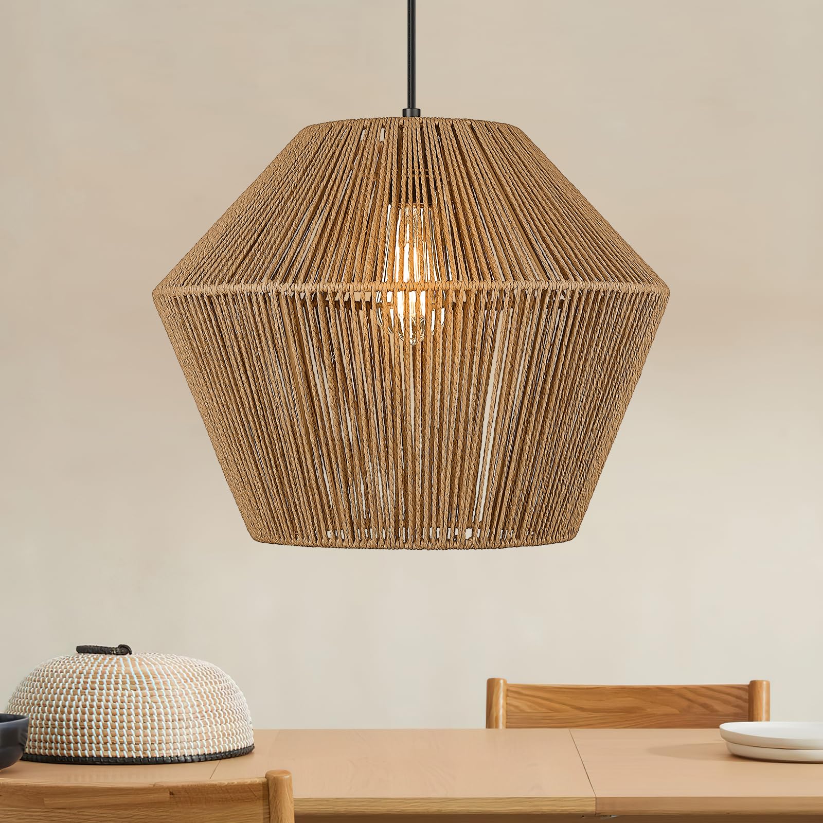 Elyona 16.5&quot; Woven Rattan Pendant Light - Modern Boho Chandelier For Dining Room & Kitchen