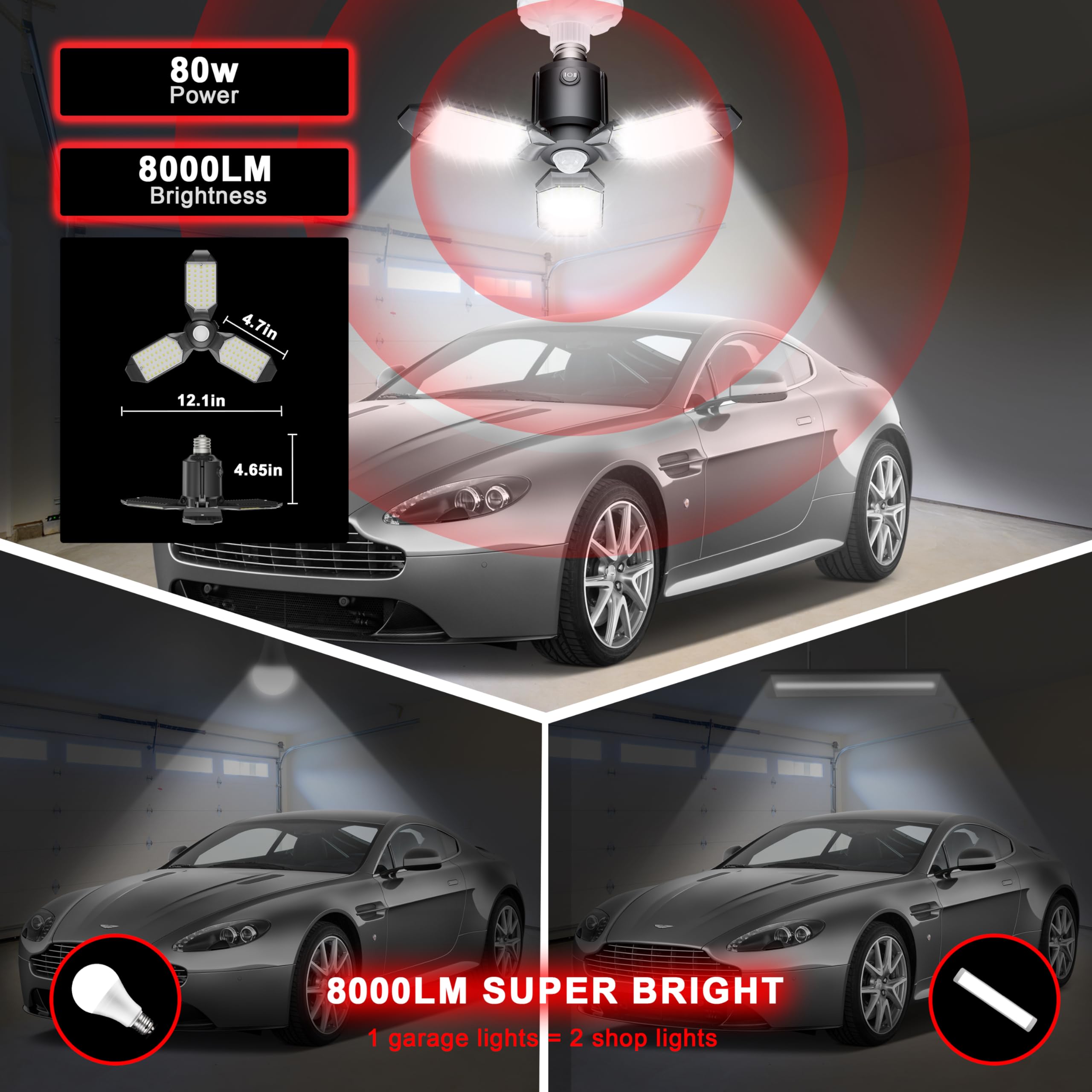 Craftersmark Motion Sensor Ceiling Light - 80W Led, Dusk To Dawn Sensor, Ultra Bright Shop Light Bulb, 2Pack For Garage, Barn, B