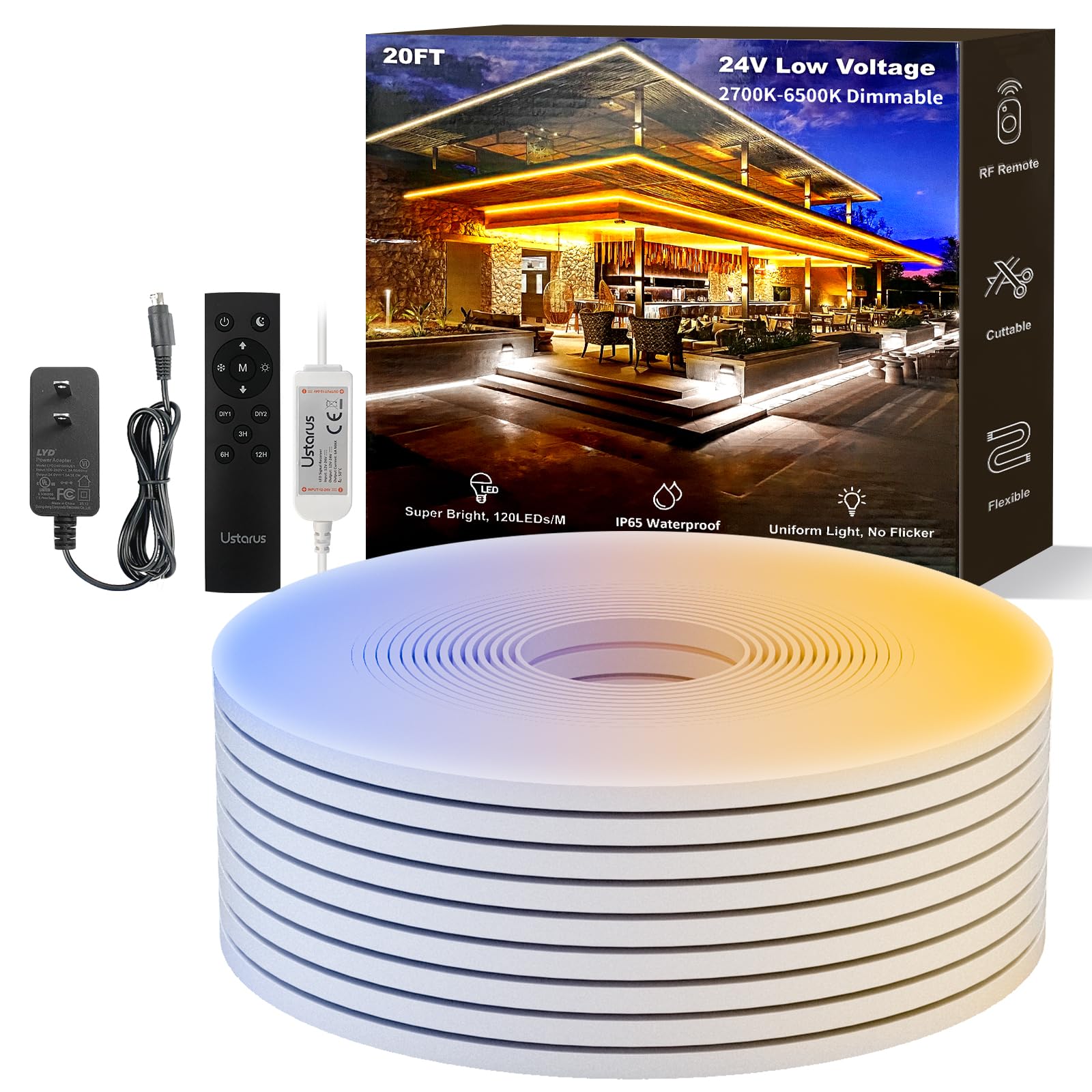 Ustarus 20Ft Neon Led Strip Lights, Dimmable Tunable White, Ip65 Waterproof With Remote