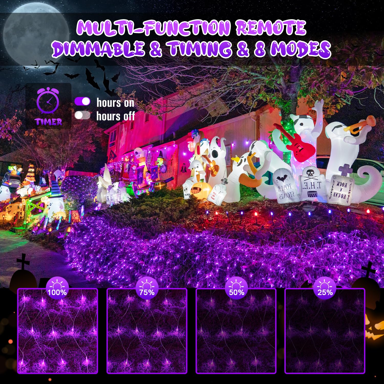 Jmexsuss 200 Led Purple Halloween Net Lights, 9.8Ft X 6.6Ft Connectable Halloween Bush Lights With Remote, 8 Modes Plug In Net L