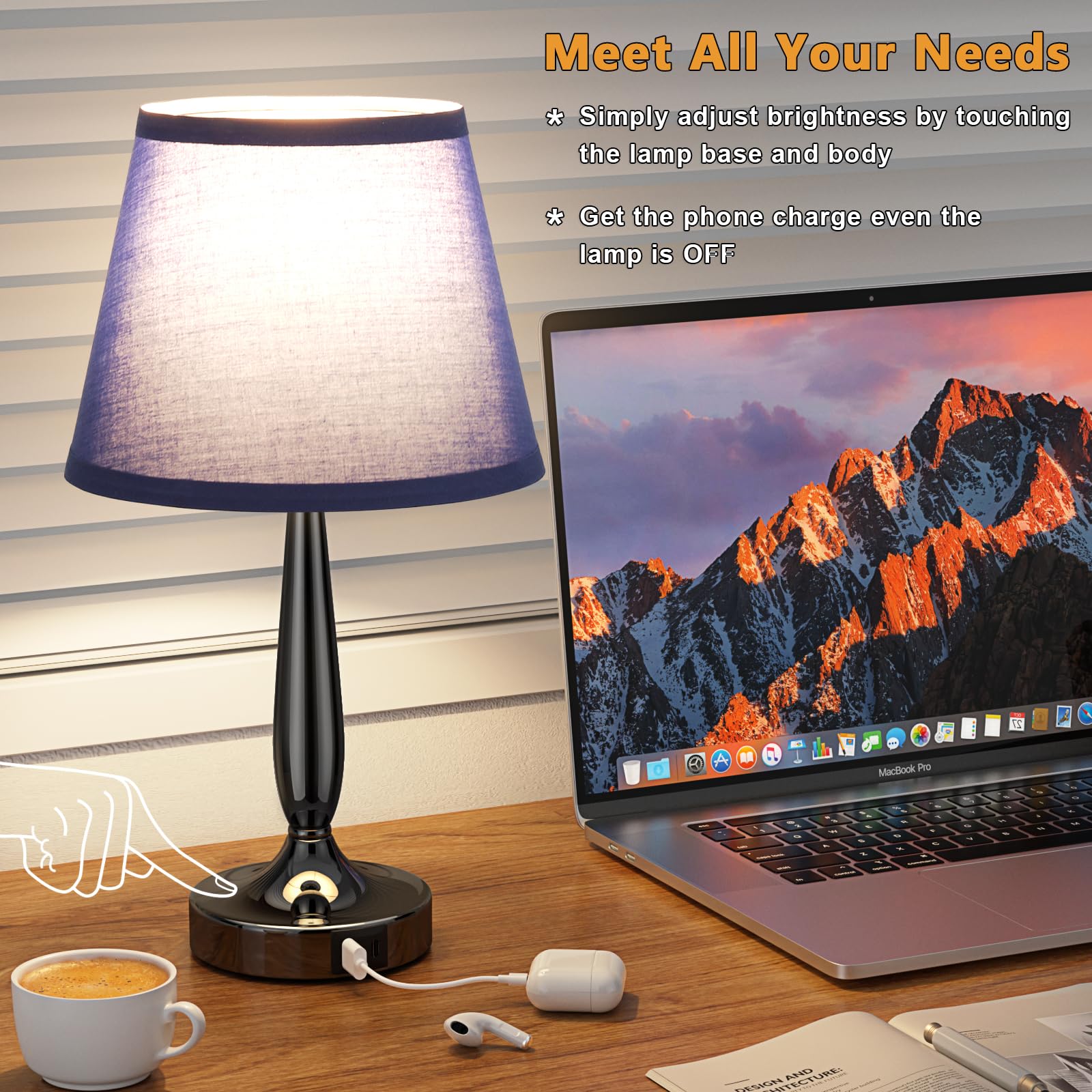 Kakanuo Touch Bedside Lamp For Bedroom With Usb C Port, Small Touch Table Lamp With 2 Usb Charging Ports, 3 Way Dimmable Nightst