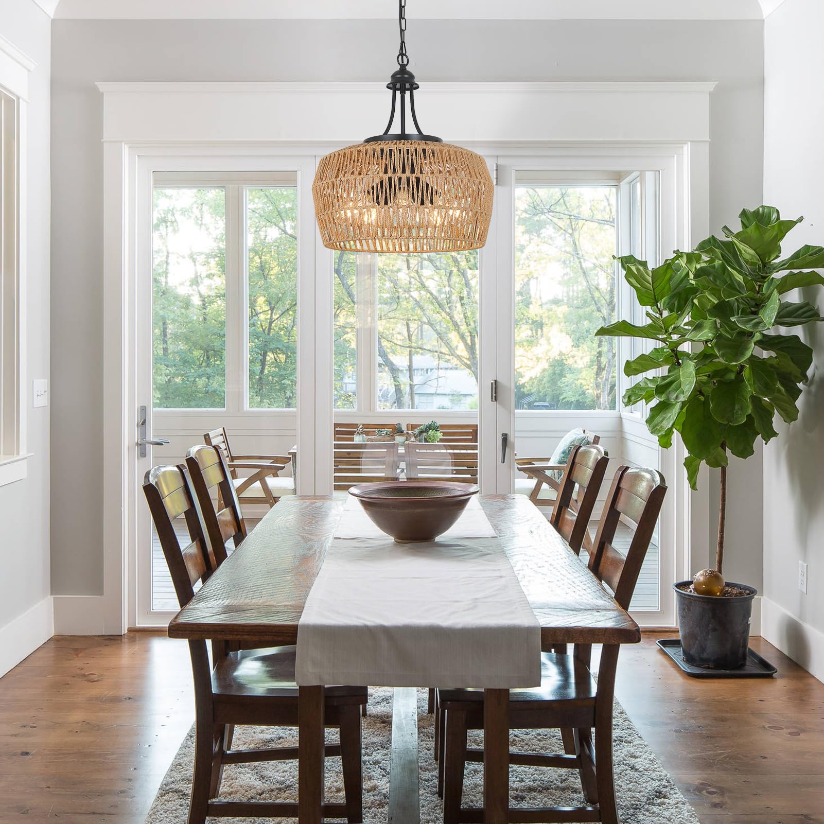 HMVPL 5-Light Rattan Boho Chandelier - Brown Wicker Pendant Light for Dining Room, Kitchen Island, Living Room - Model 230803A1