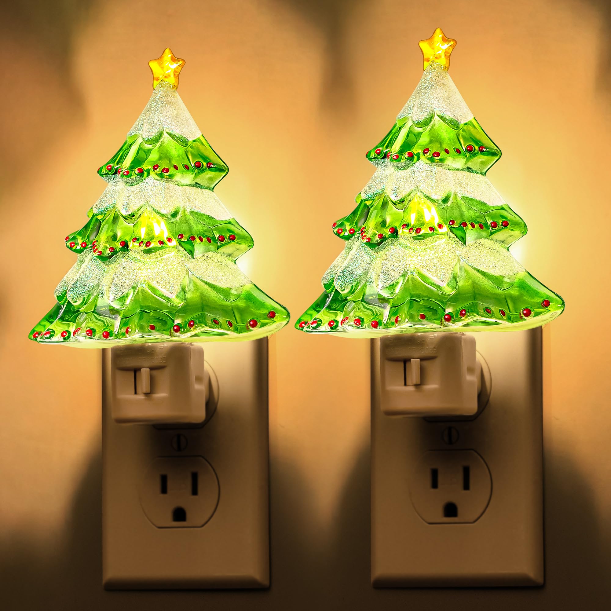 DORESshop Christmas Tree Night Light, 3000K, 2 Pack, Warm White, Plug-in with 360° Rotation, Cute Holiday Decor for Kids