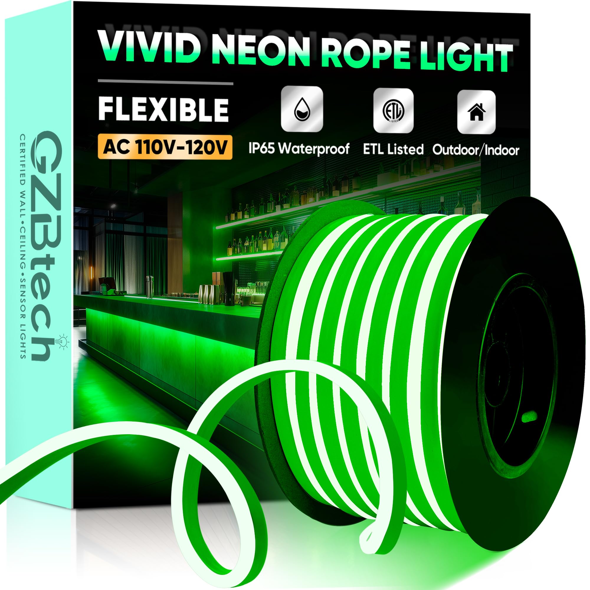 GZBtech Flexible LED Neon Rope Lights 50FT AC 110-120V Waterproof Band Light  120 LEDs/M Cuttable Connectable Neon Lighting for Indoor Outdoor Home Decor/Commercial Building Use-Green 15M