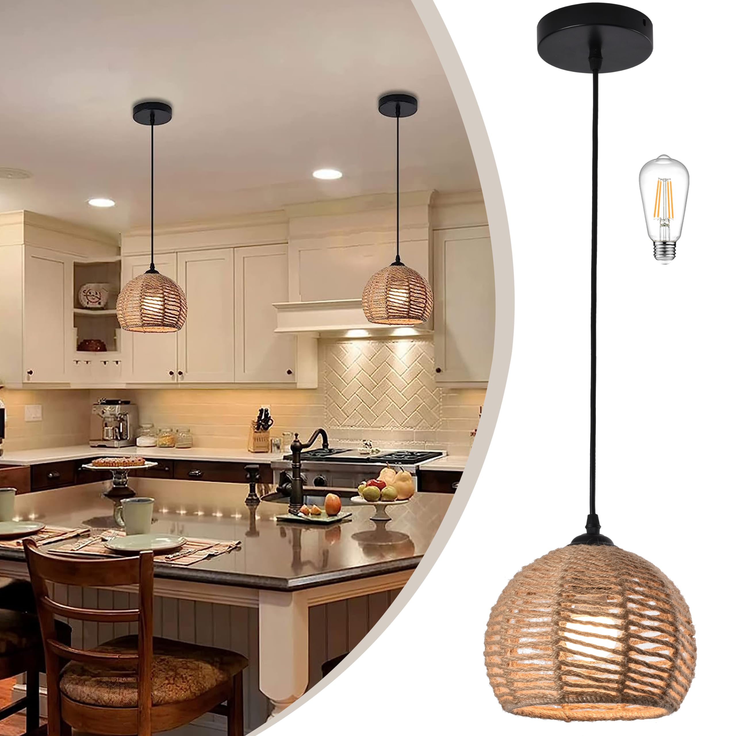 Ayshwilldec Boho Woven Pendant Light - Rustic Hemp Rope Chandelier For Dining Room & Kitchen