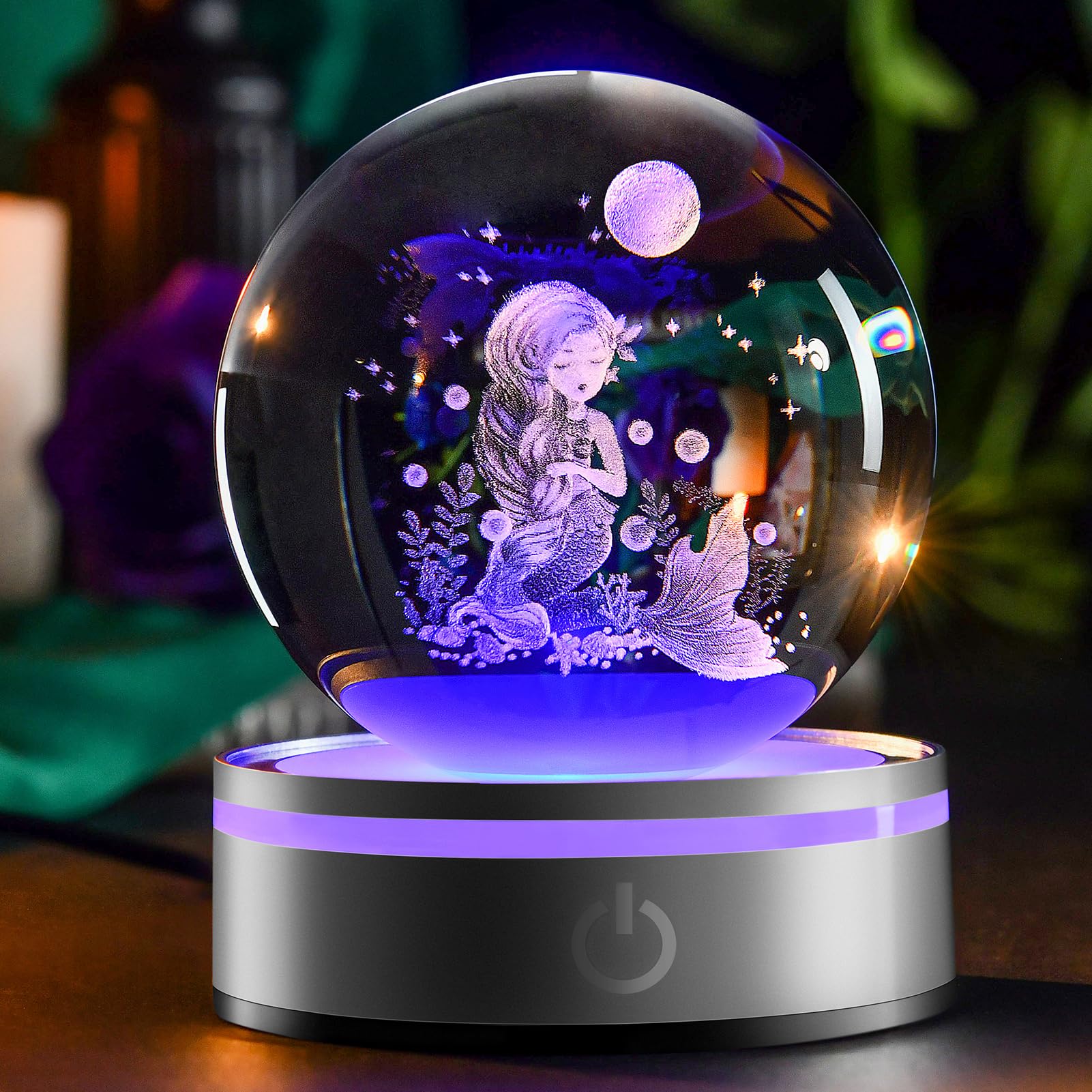 IFOLAINA Mermaid Crystal Ball with Lighted Base Laser Engraved Glass Ball Mermaid Night Light Decorative Globes 3D Crystal Plant