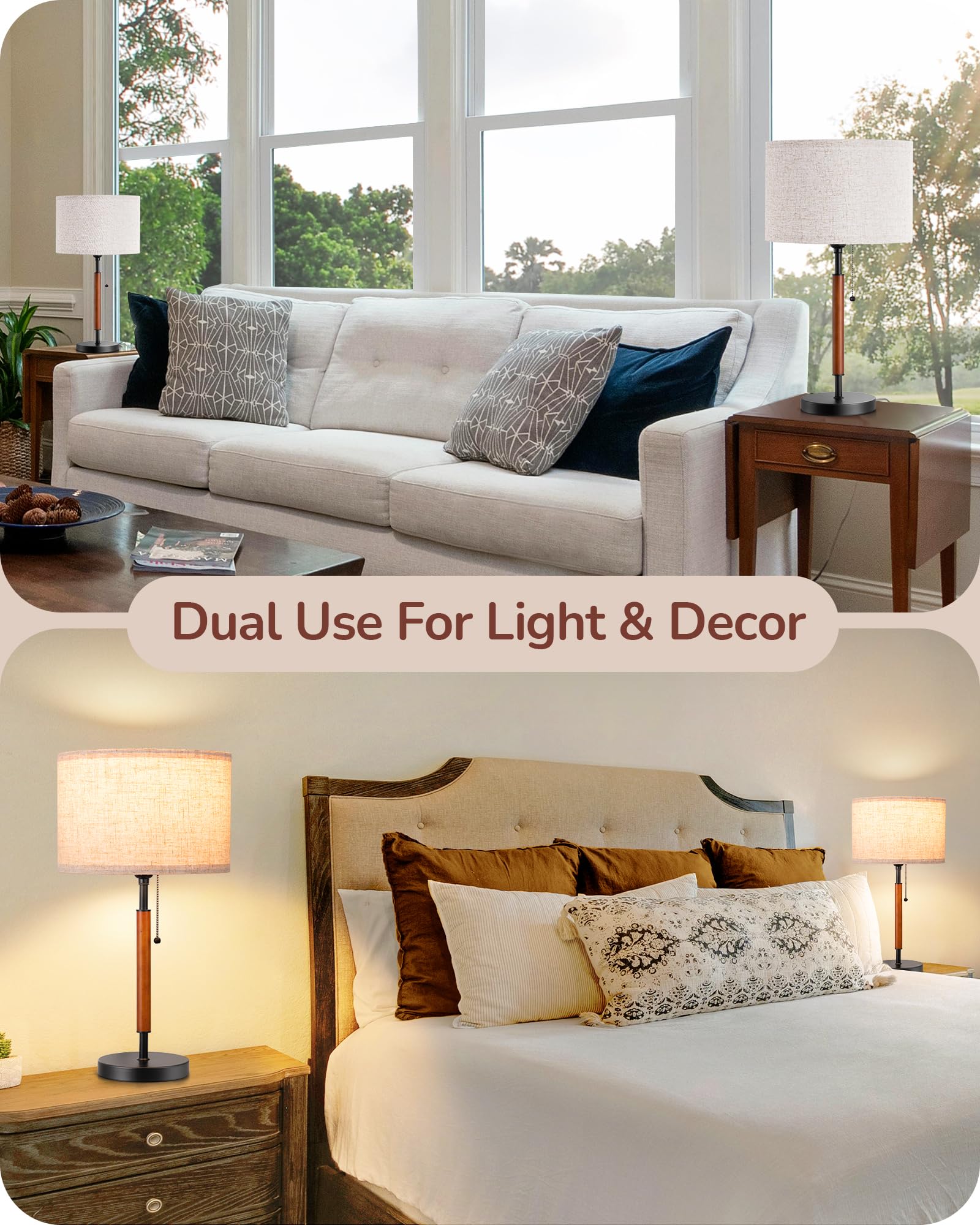 Edishine Mid Century Table Lamp Set Of 2, Pull Chain Switch Bedside Lamp, Linen Shade, Solid Wood Pole & Black Metal Base, Moder