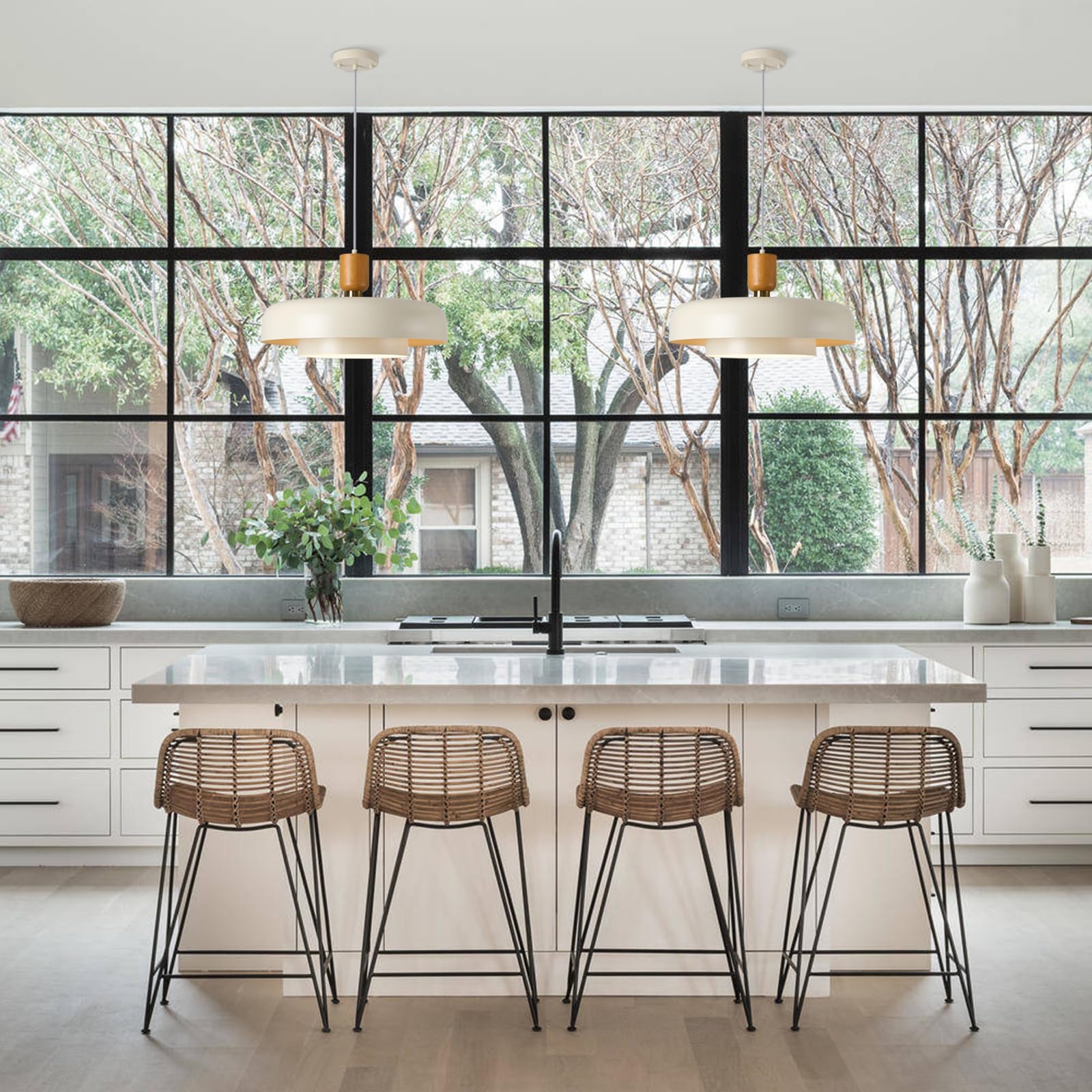 TeHenoo Modern Large Pendant Light, 19.68" 2-Tier Soft Cream Shades, Natural Wood & Brass, Mid Century Chandelier for Dining Room