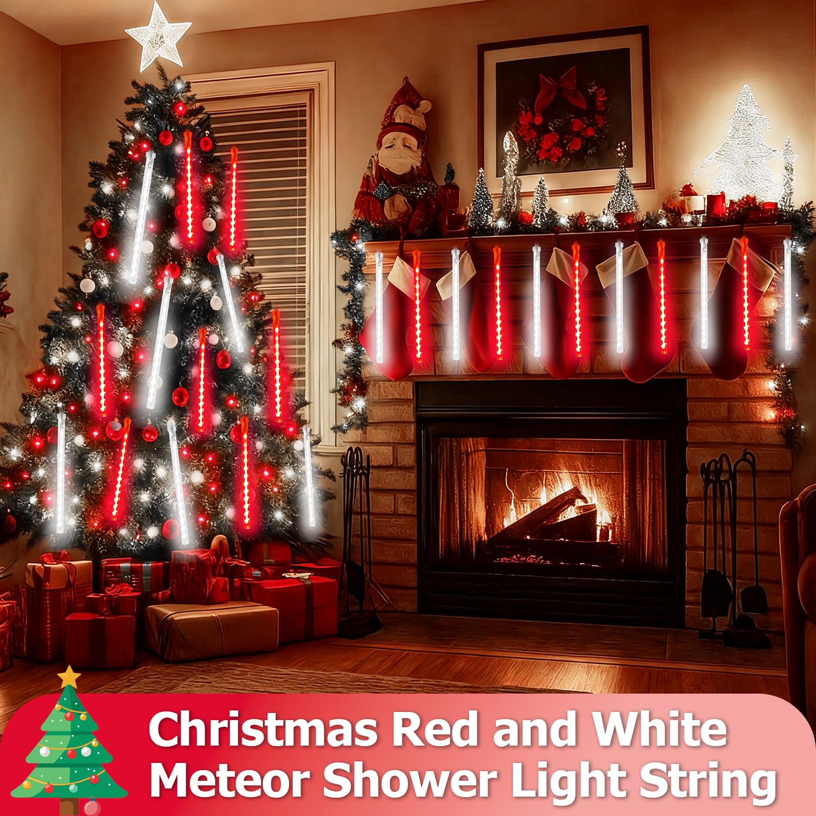 2-Pack Extendable Meteor Shower Christmas Lights Outdoor  16 Tubes 384 Leds Waterproof Falling Rain String Lights  Christmas String Lights Outdoor For Tree Garden Holiday Decorations (Red And White)
