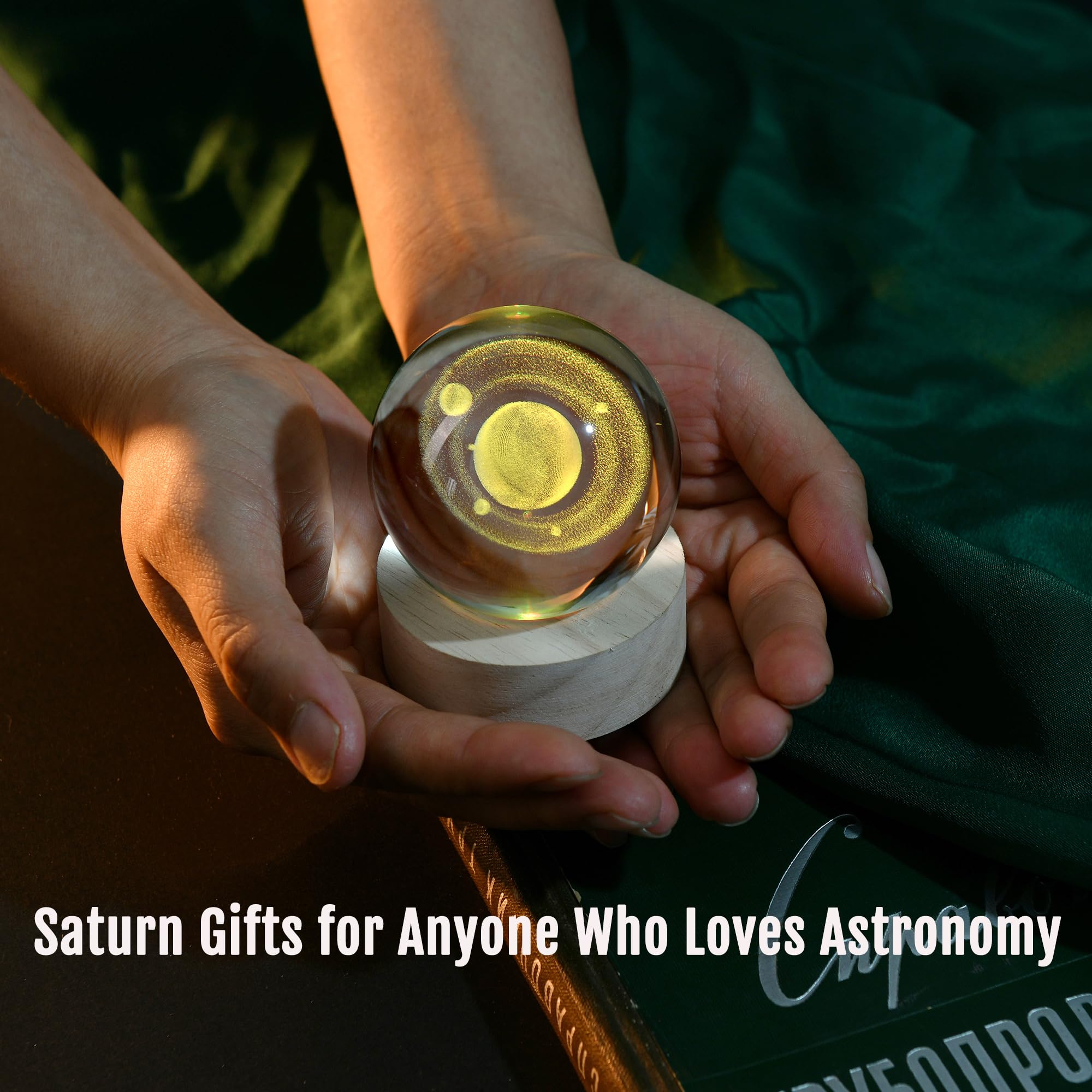 Ifolaina 3D Saturn Crystal Ball 2.36'' Laser Engraved Glass Planet Sphere Gifts With Colorful Lighted Base Decorative Glass Ball