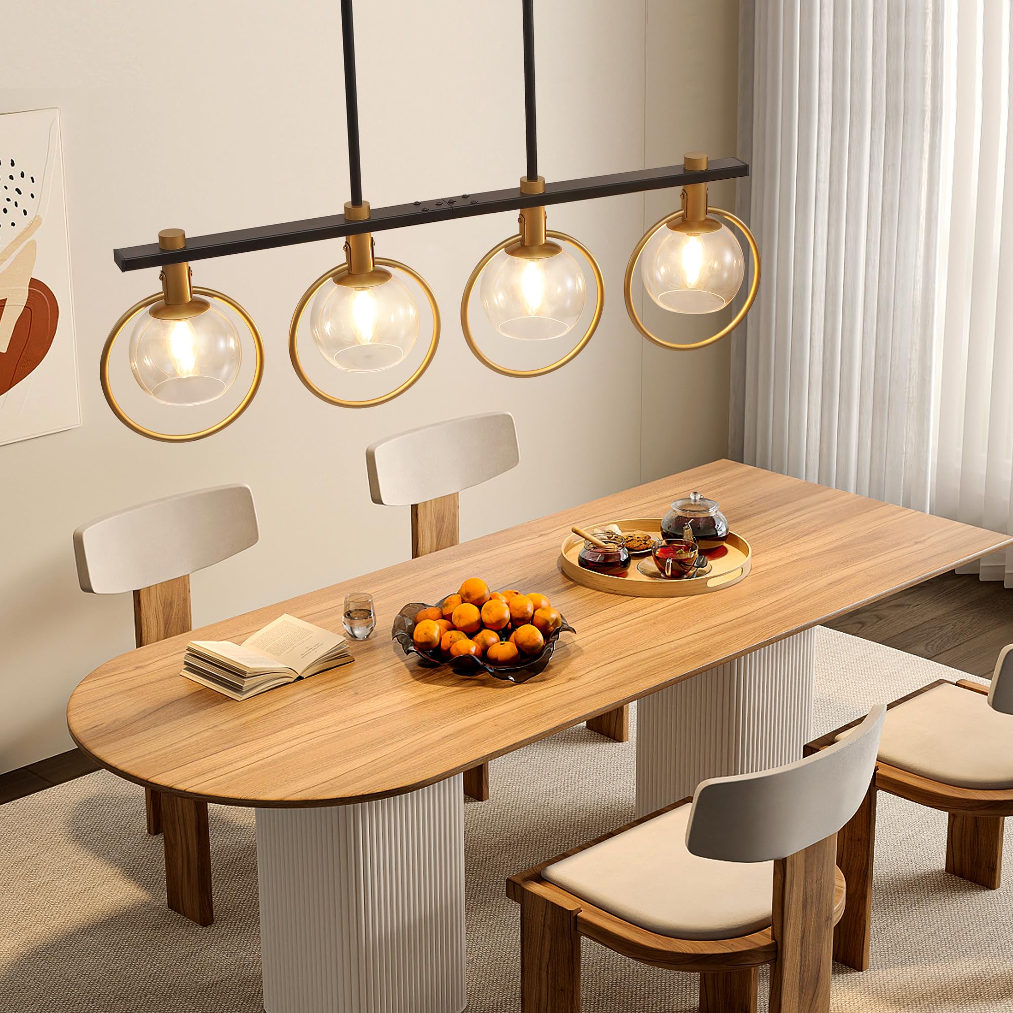 Kveosv Gold Black Chandelier Modern Dining Room Light Fixture 4-Light Kitchen Island Lighting Hanging For Farmhouse Linear Chand