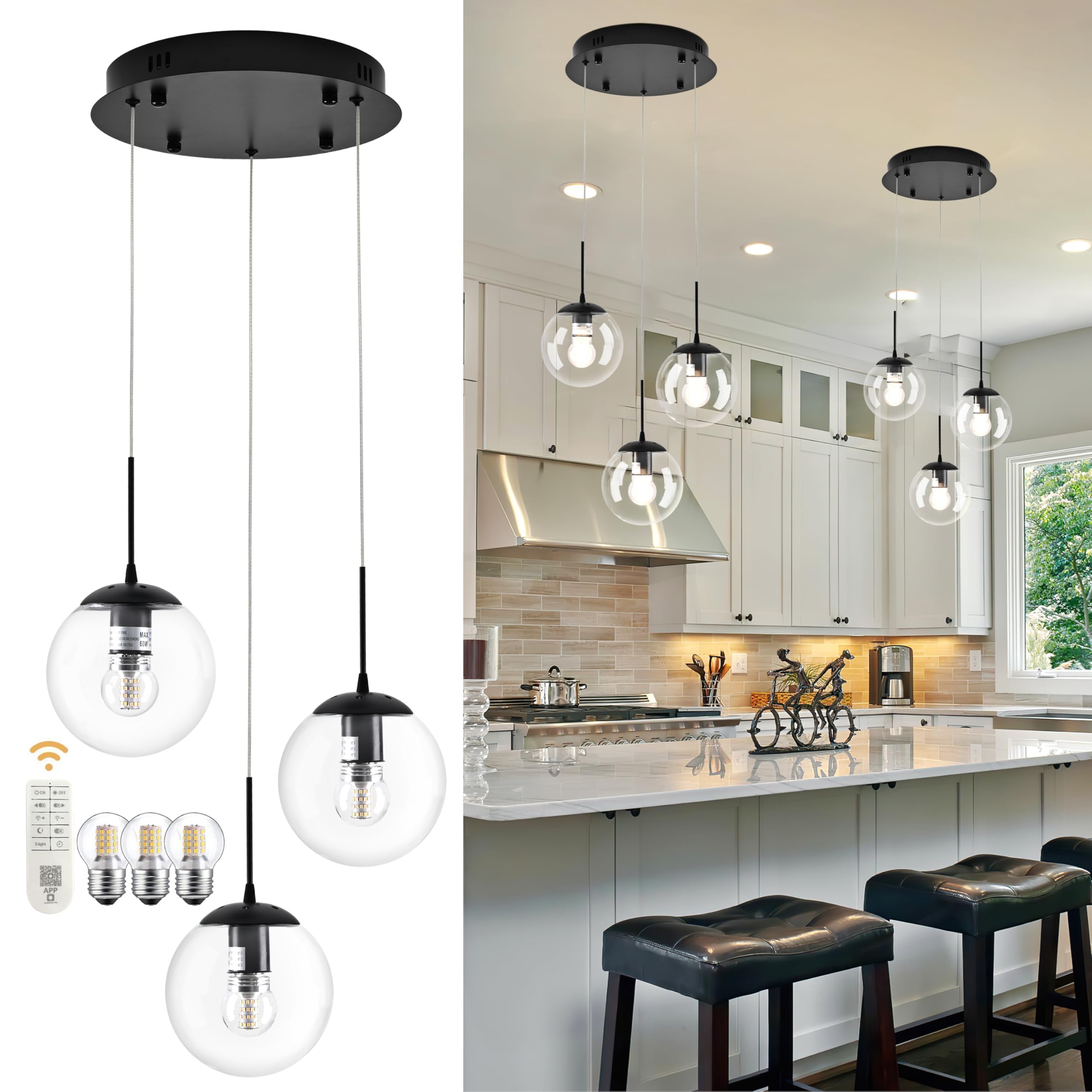 Koko&Yukina 3-Light Globe Glass Pendant Light Modern Black Clear Globe Glass Chandelier Adjustable Length Pendant Lights Fixture