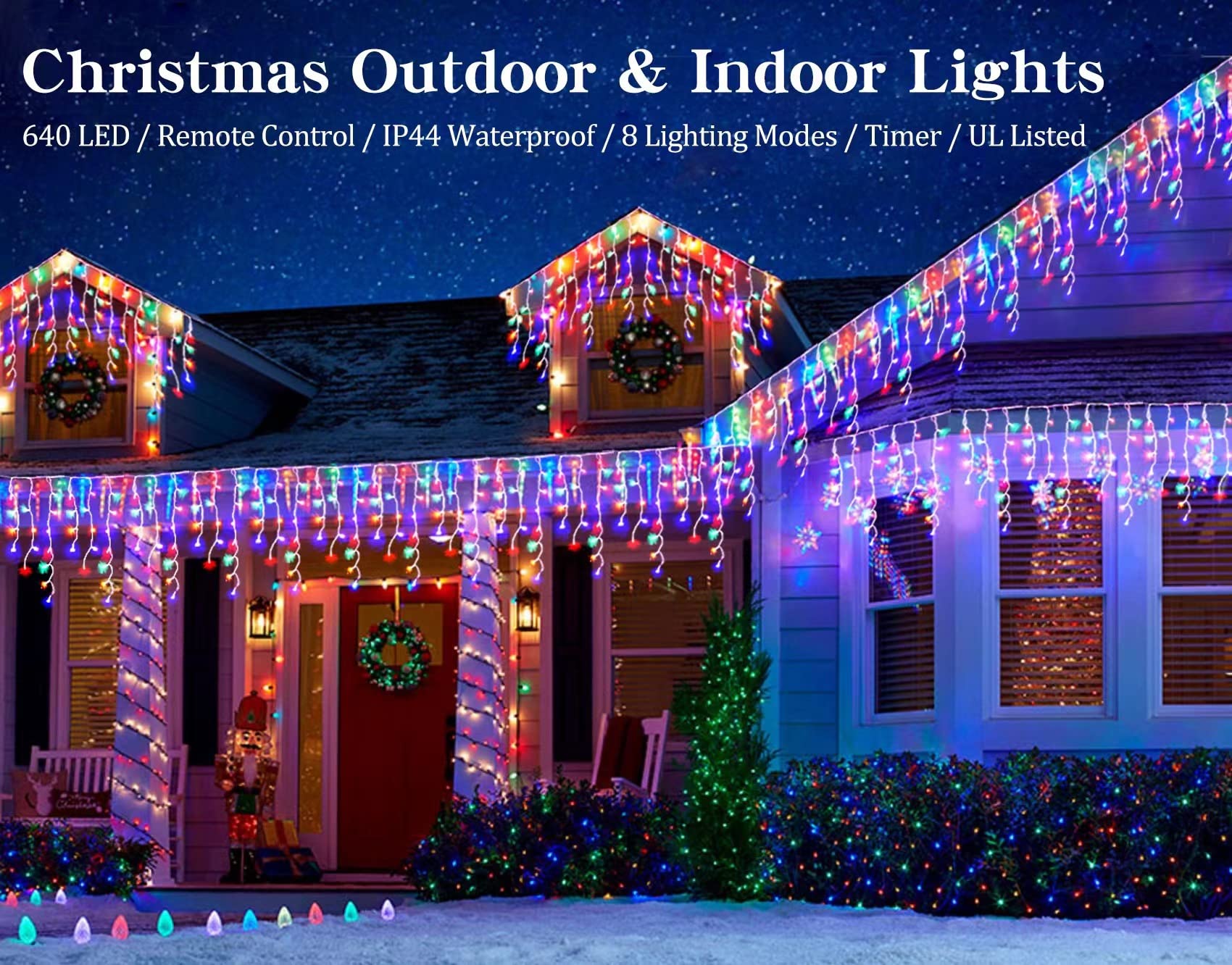 Christmas Icicle Lights Outdoor,640 Led 65.6 Ft 8 Modes With Remote Control, Curtain Fairy String Lights For Christmas Decoratio