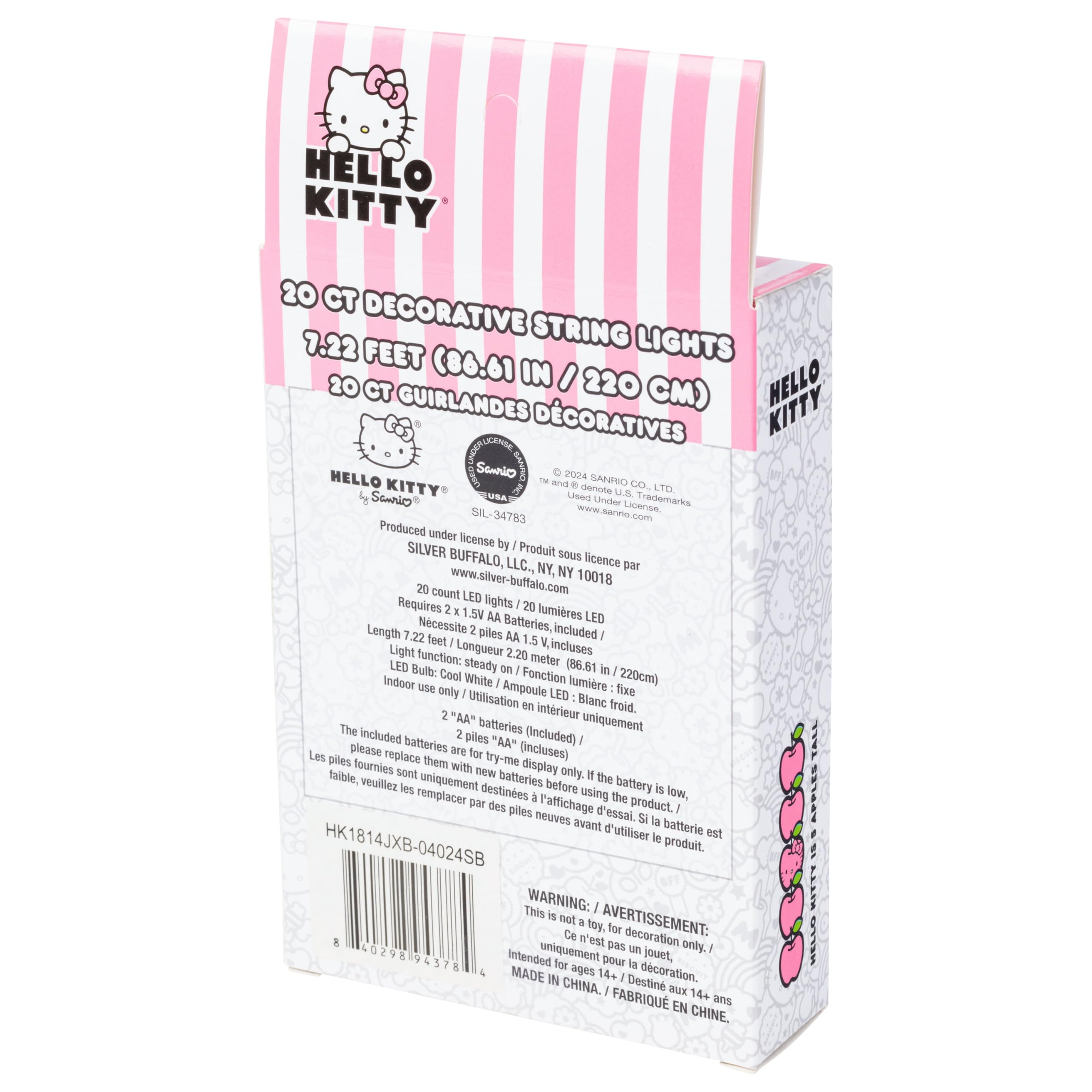 Silver Buffalo Sanrio Hello Kitty Strawberry Dress 20ct Decorative String Lights, 7 Feet Long, Battery Powered (2 AA Batteries I