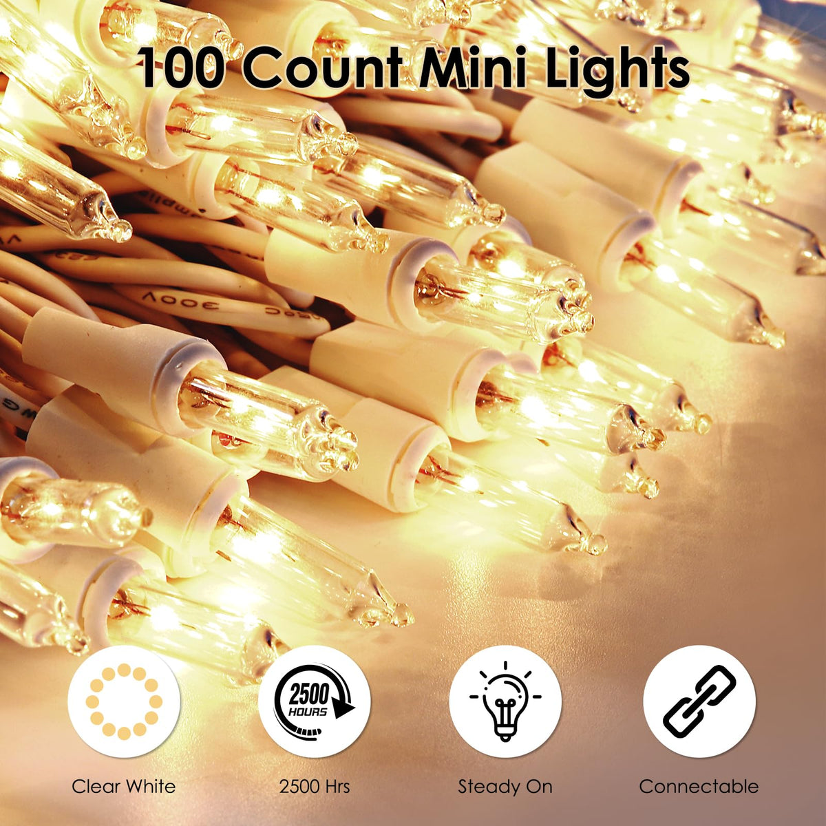 Christmas Lights 50-Count Clear Mini Warm White Lights – Green Wire, UL Certified, Connectable Up To 5 Sets, IP44 Waterproof, For Indoor/Outdoor Holiday Decor