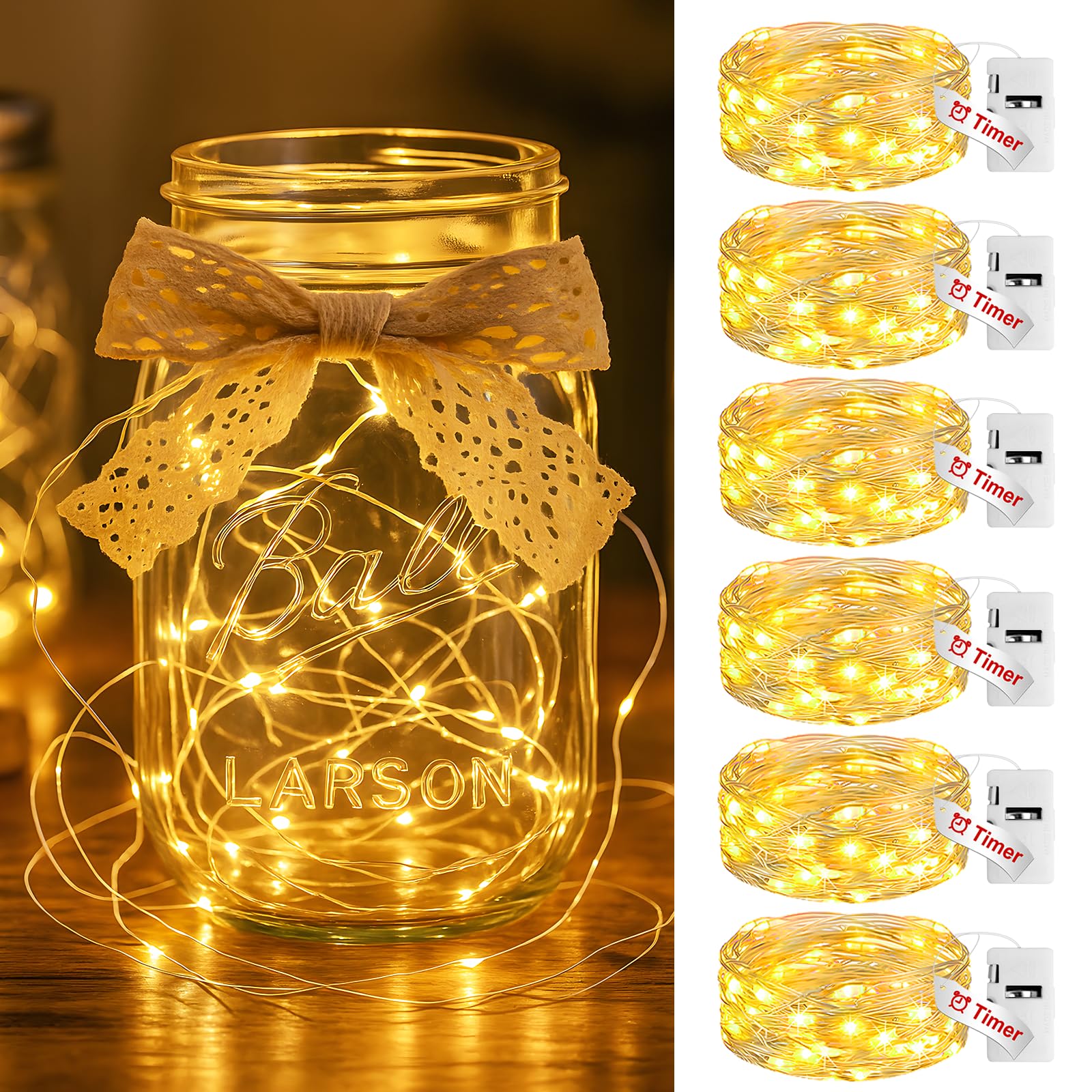 Litogo 6 Pack Fairy Lights, 20 Led Warm White Twinkle Light, 7Ft Waterproof Silver Wire, Battery Operated With Timer For Decor