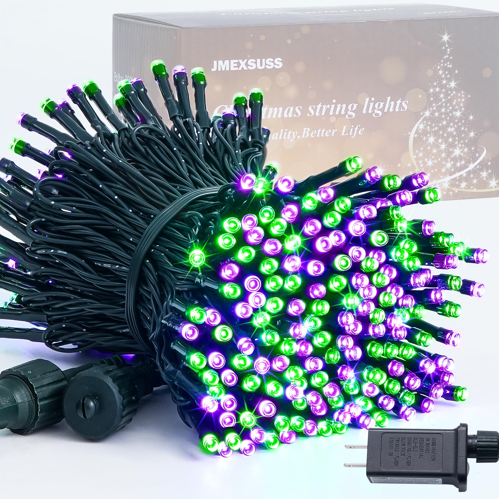 JMEXSUSS 250 LED String Lights - Purple & Green, Waterproof, 8 Modes, Model EXS-S-0250, Ideal for Outdoor Party and Halloween Decorations