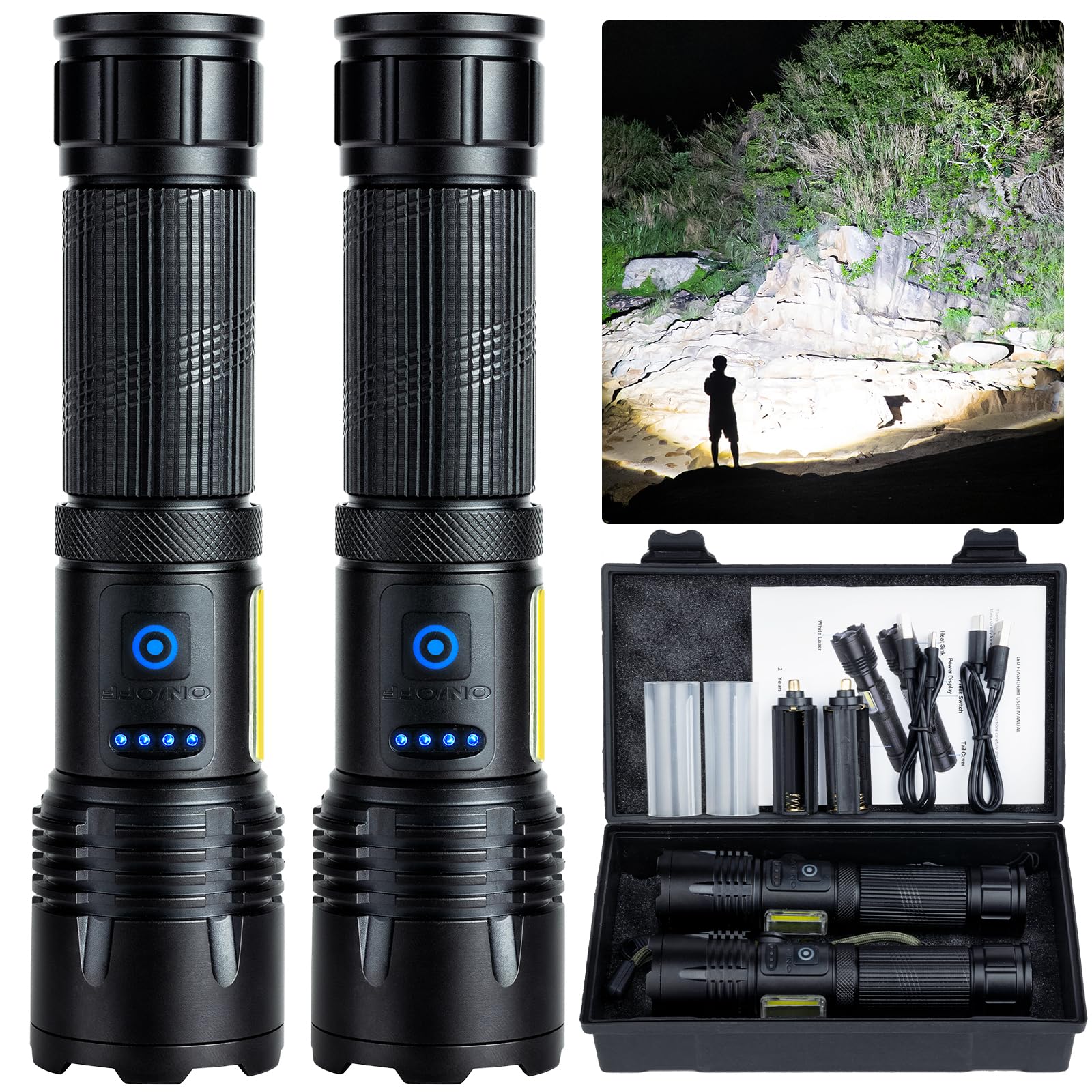 SKNSL Rechargeable LED Flashlight High Lumen 990,000 Lumens 7 Modes IPX7 Waterproof Black Model M001-COB