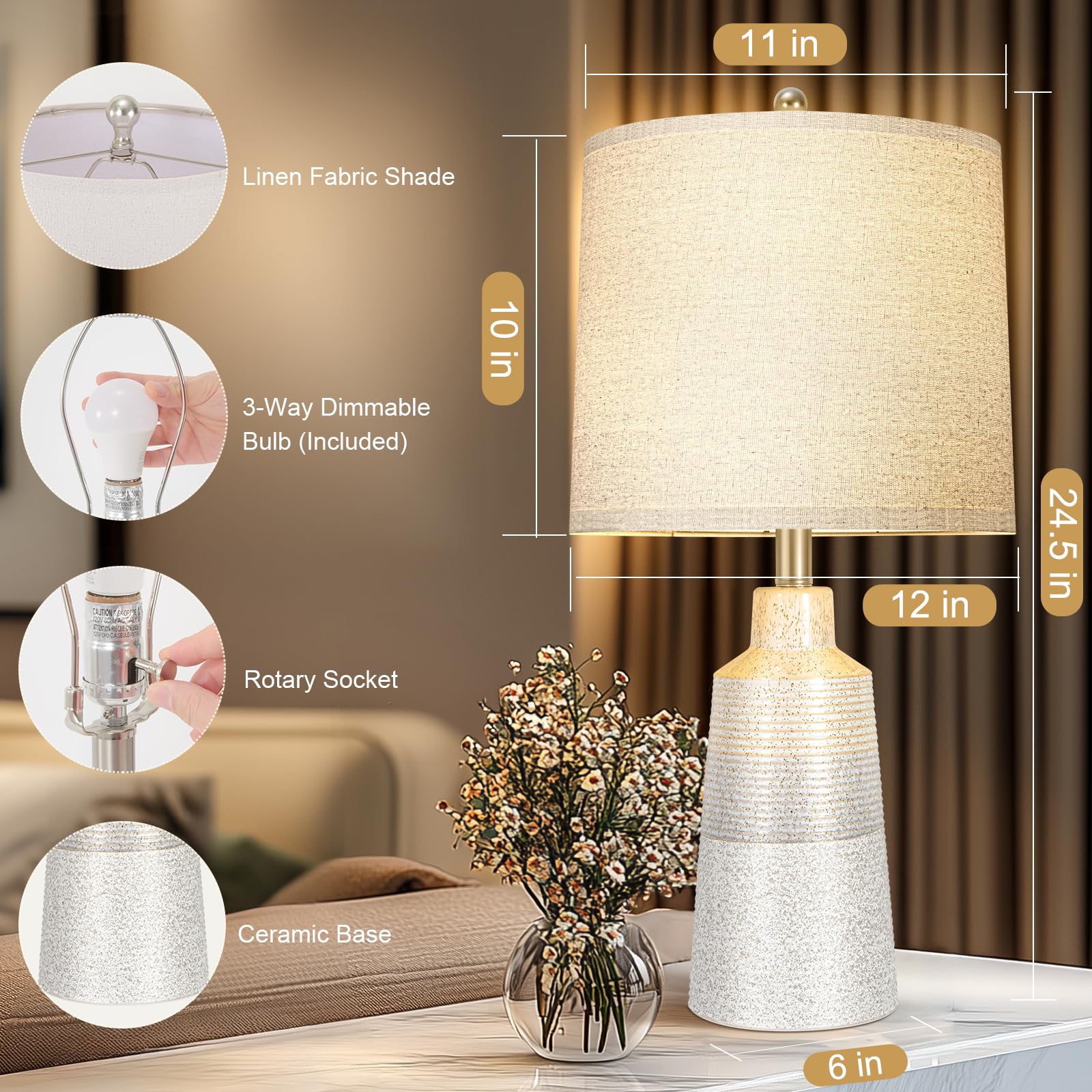 24.5'' Ceramic Table Lamps Set Of 2 For Nightstand,Lamps For Living Room With 3-Way Dimmable Bulb,Rotary Switch,Modern Table Lam