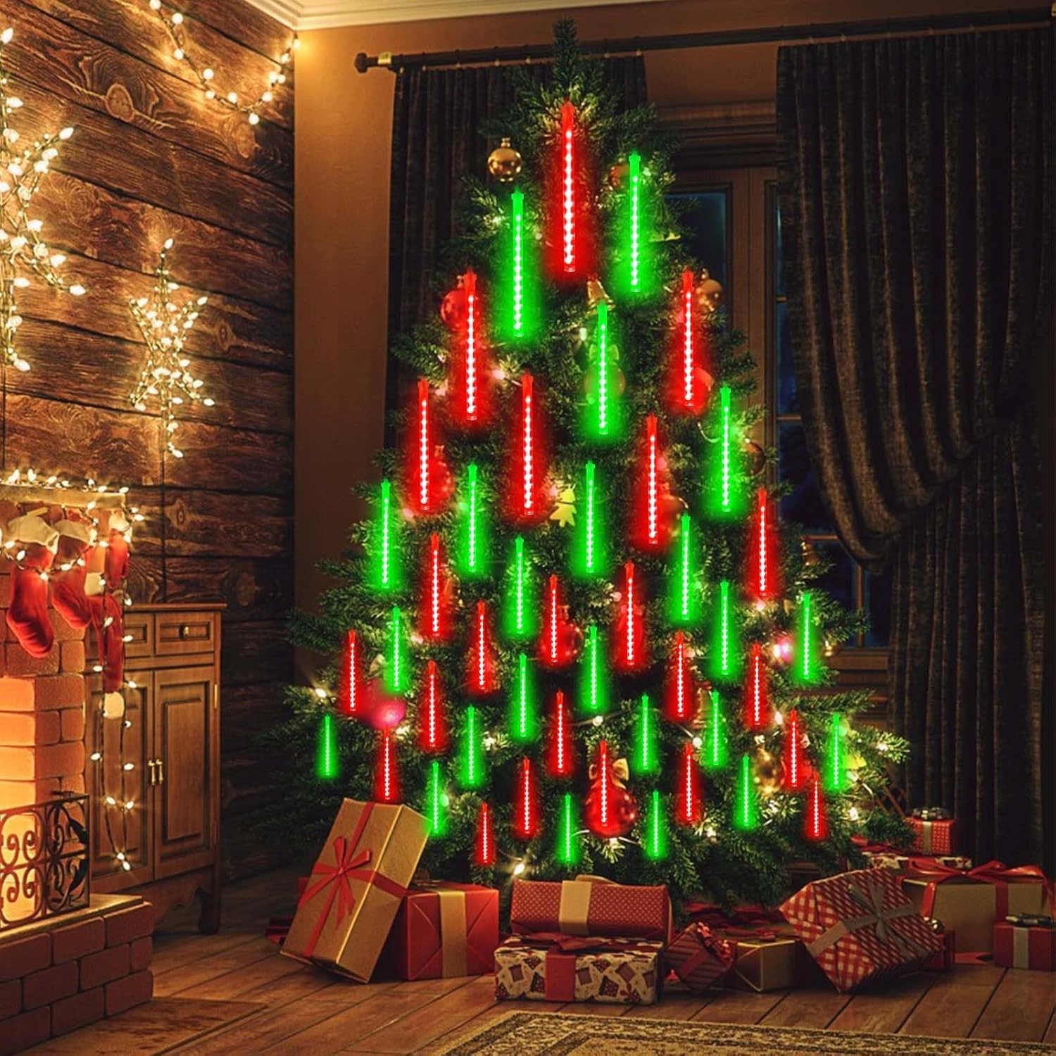 Solar Meteor Shower Lights Outdoor Decorations  Waterproof Christmas Lights Solar Powered  16 Tubes 384Led Rain Drop Light  Snow Cascading String Light For Xmas Tree Party Garden Decor(Red And Green)