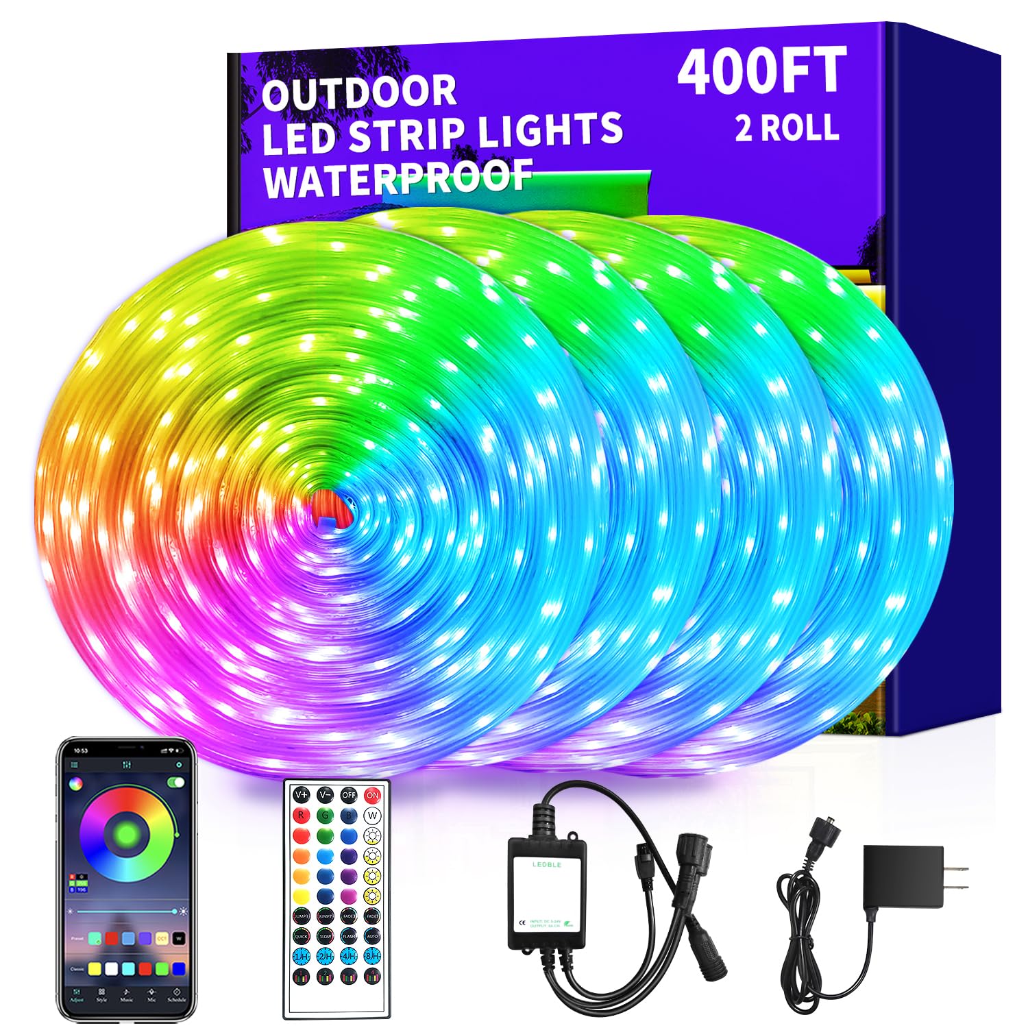 vimeepro 400ft Outdoor LED Strip Lights,IP68 Outside Led Light Strips Waterproof with APP/Remote Control,Music Sync RGB Exterior